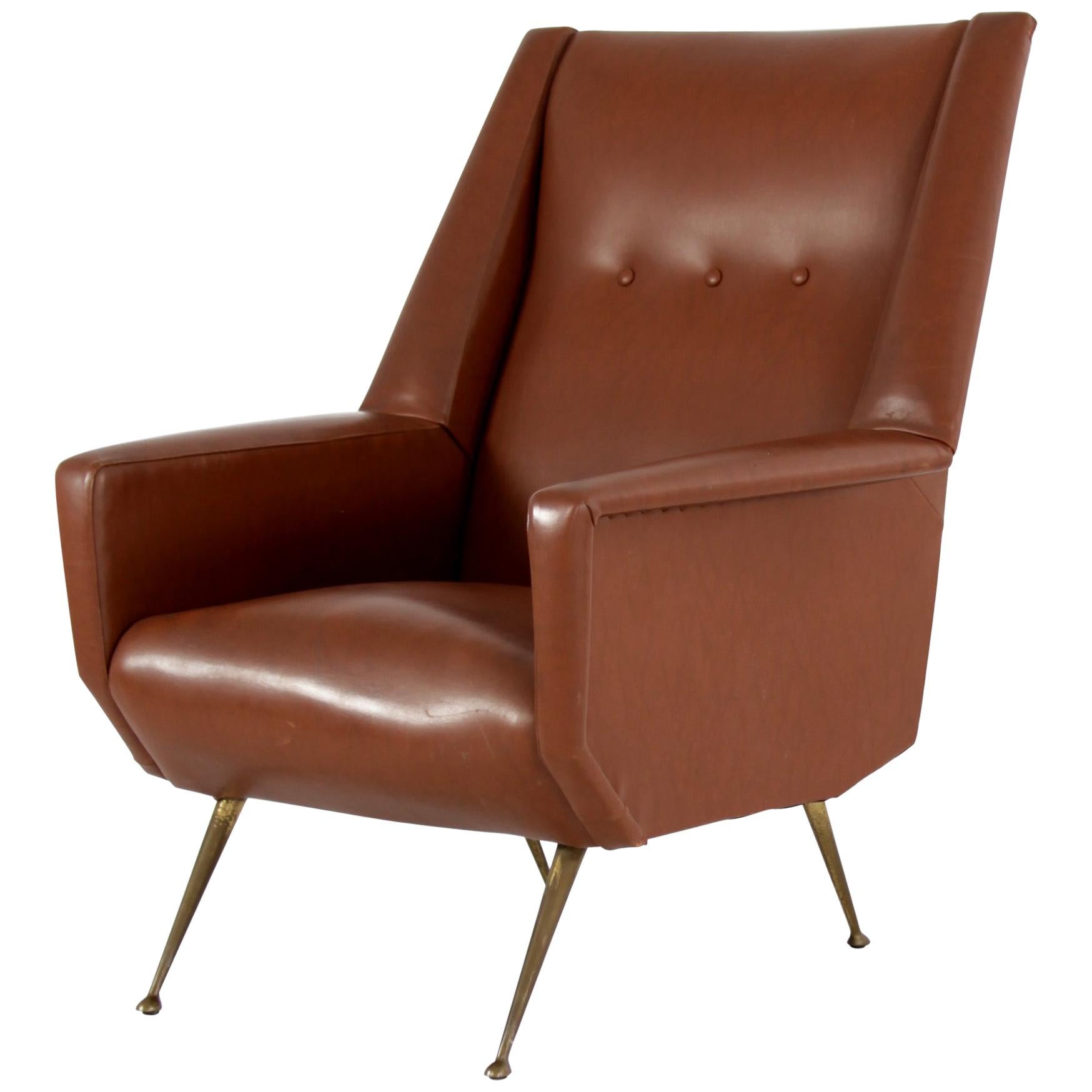 Faux Leather Armchair with Brass Legs, Italy, 1950s For Sale