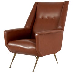 Faux Leather Armchair with Brass Legs, Italy, 1950s