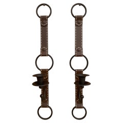 Faux Leather Metal Candle Sconces After Jacques Adnet, A Pair