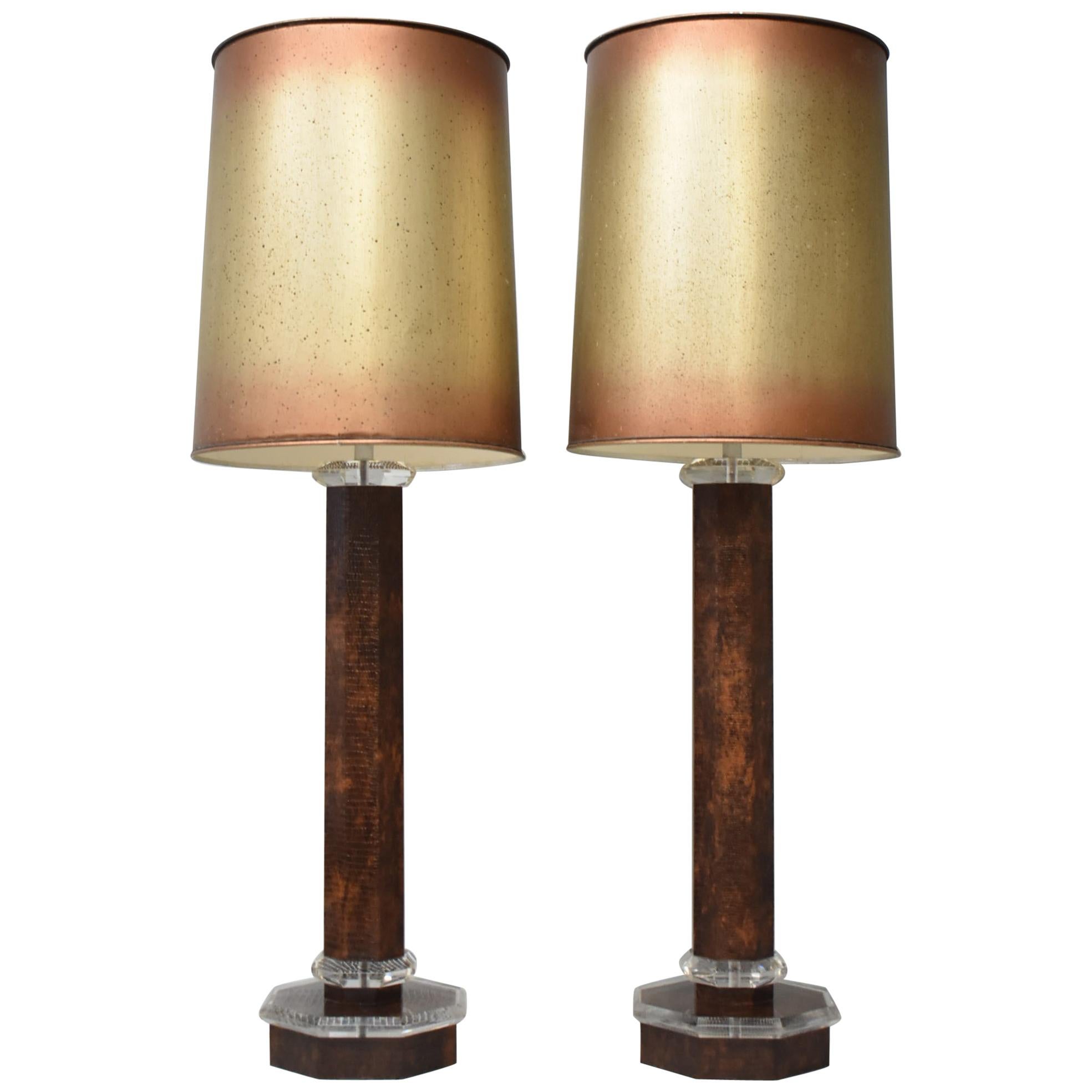 Faux Leather/Whip Snake Skin & Lucite Table Lamp Attributed Karl Springer, Pair For Sale