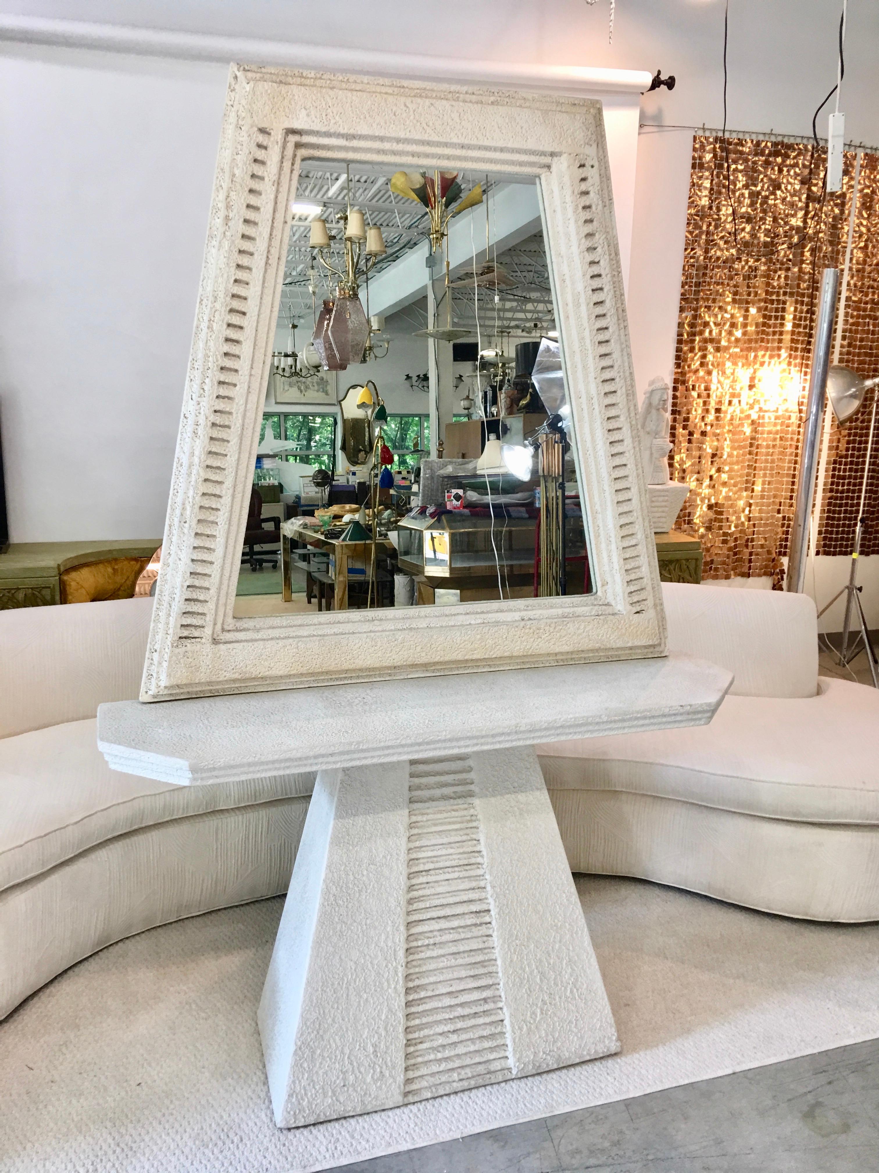 Faux Limestone Mesoamerican Console Table and Mirror In Good Condition In Hanover, MA