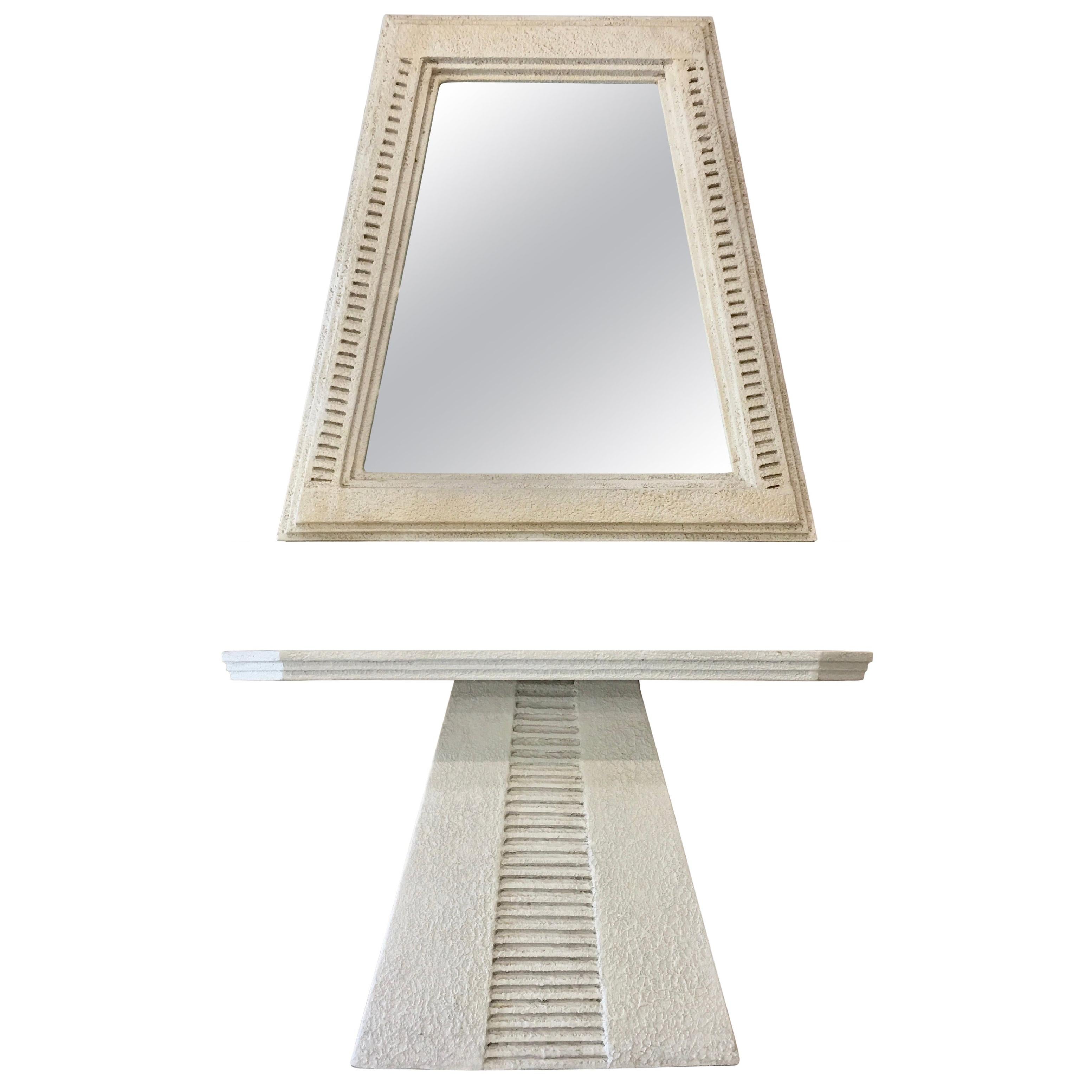 Faux Limestone Mesoamerican Console Table and Mirror