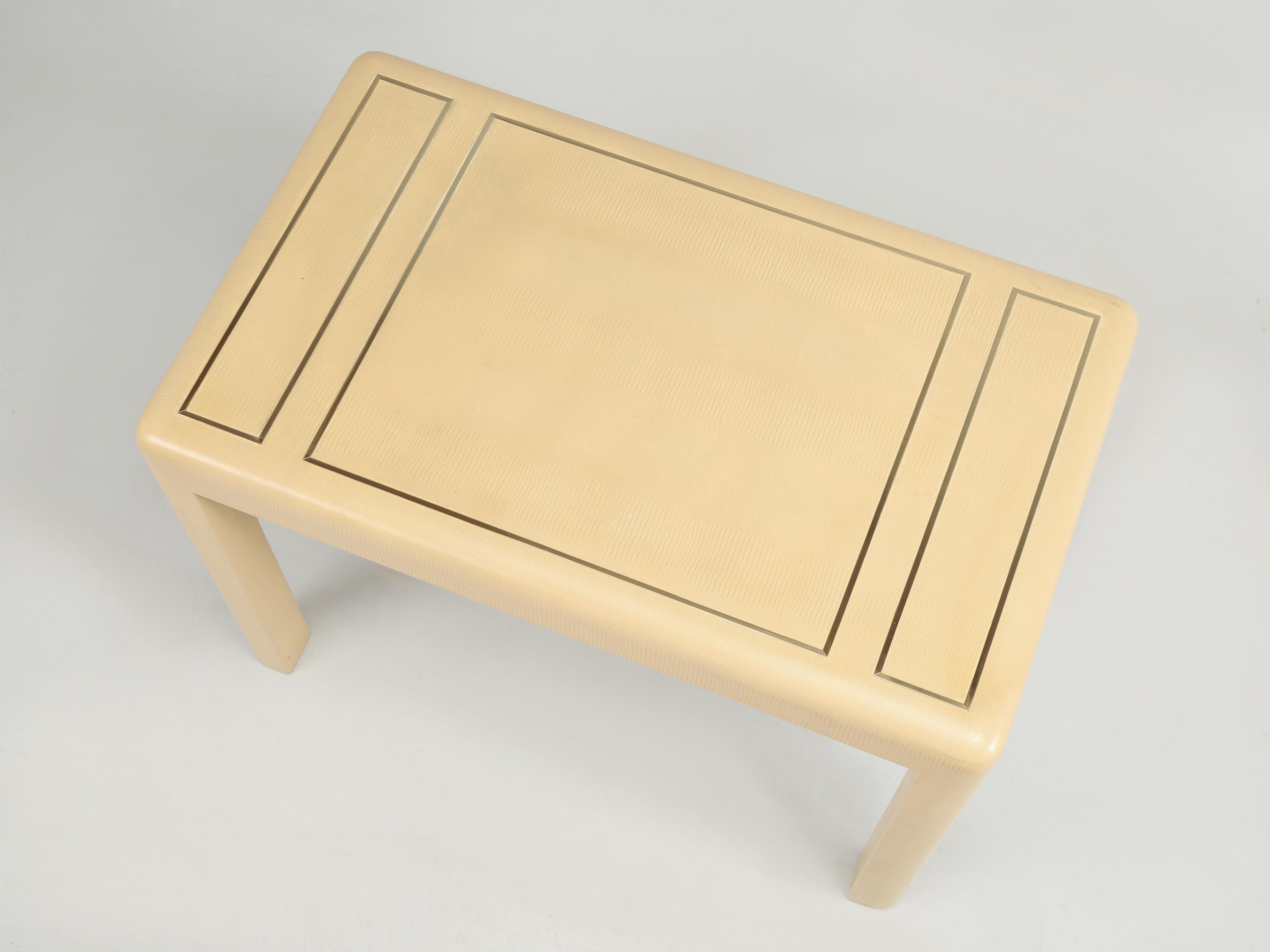 Hand-Crafted Faux Lizard Embossed Leather Parsons Desk Writing Table Attributed Karl Springer For Sale