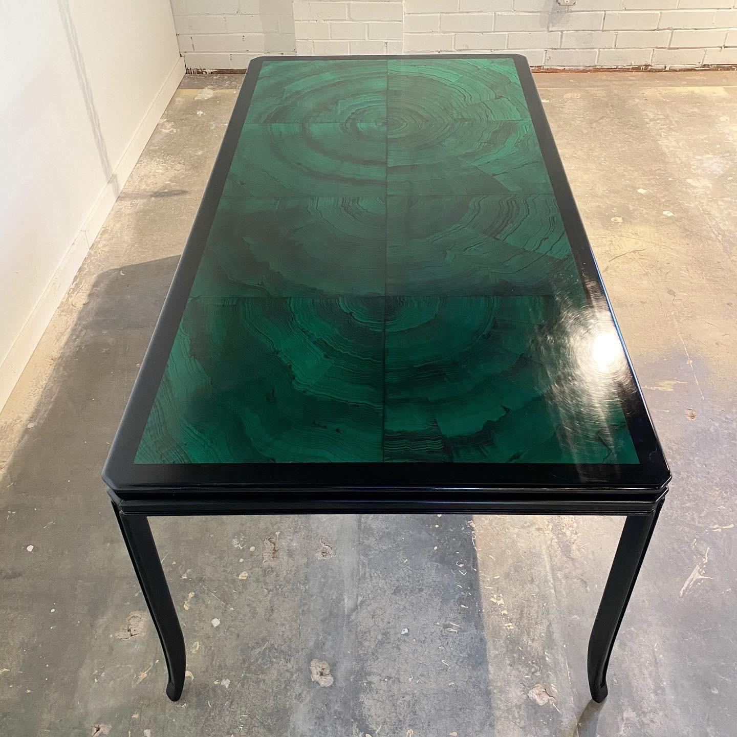 Hollywood Regency Faux Malachite and Black Lacquer Dining Table