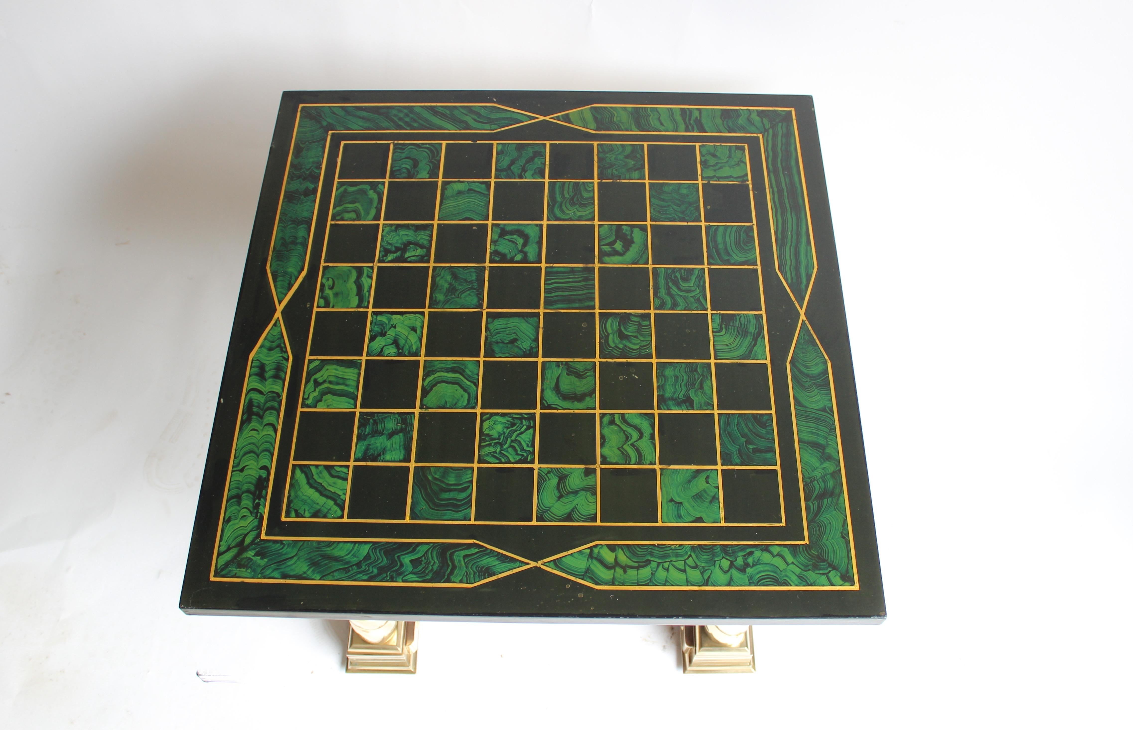 Faux Malachite and Brass Game Table/ Chess Board For Sale 3