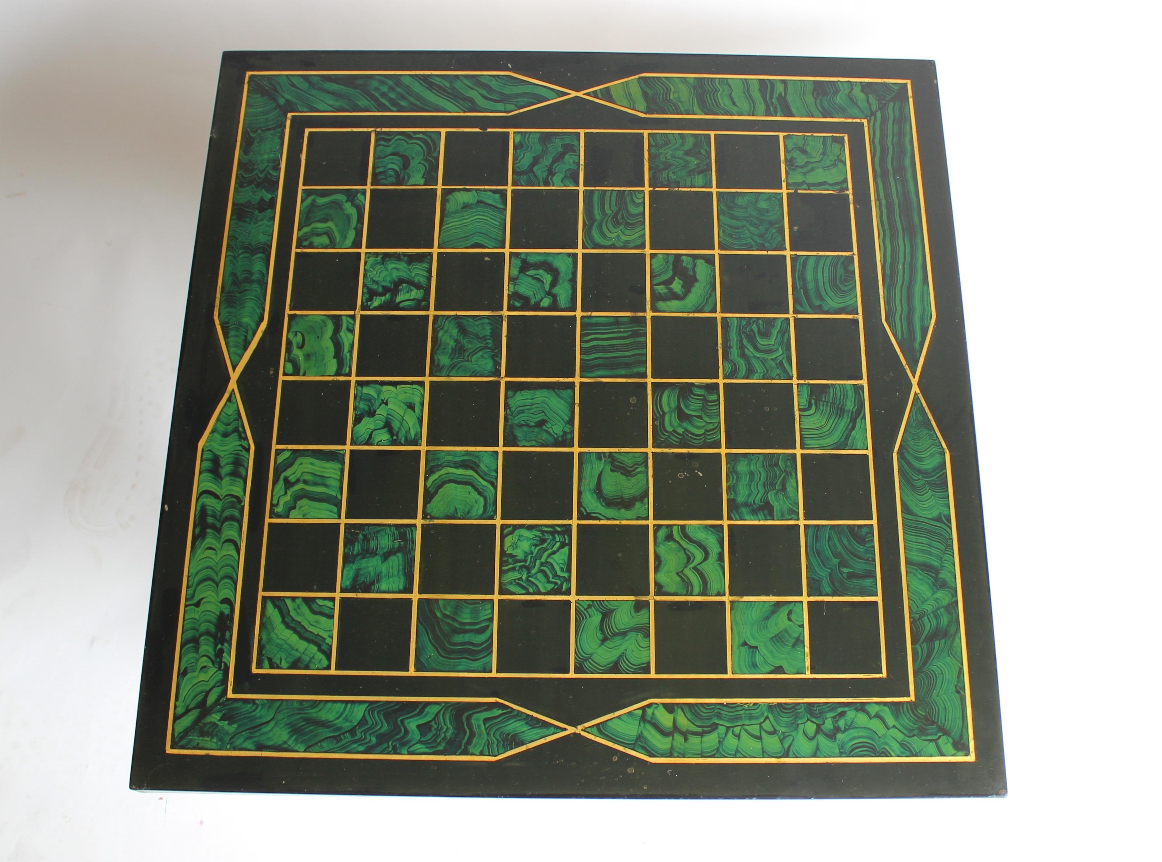 Faux Malachite and Brass Game Table/ Chess Board For Sale 5