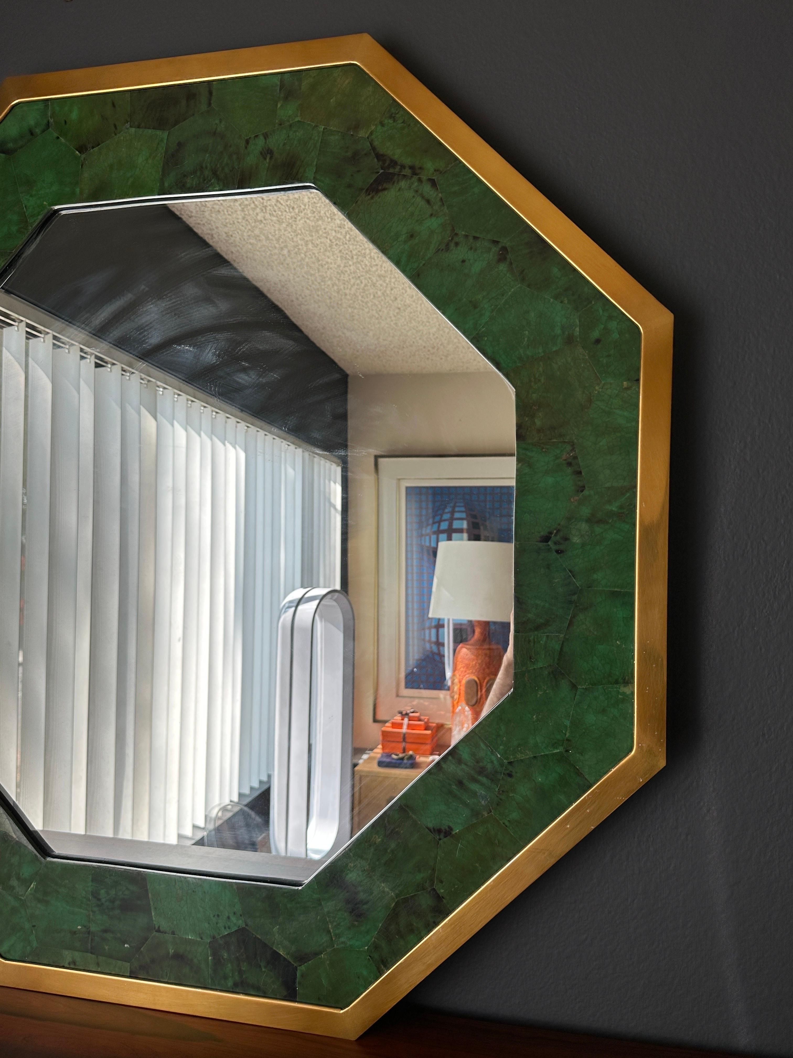 Hollywood Regency Faux Malachite and Brass Octagon Mirror