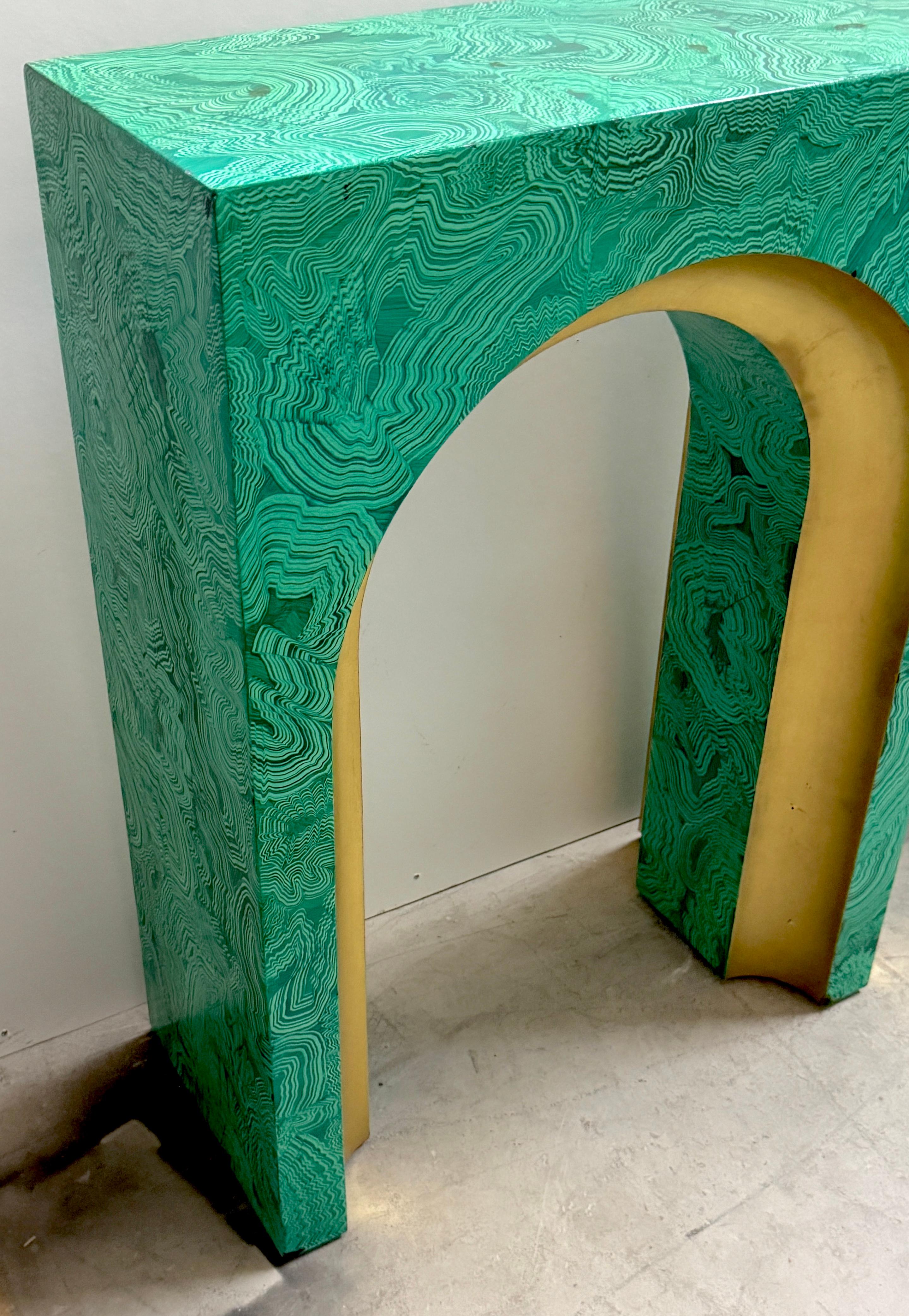 Carved Faux Malachite and Gilt Arch Console Table in the Style of Tony Duquette For Sale
