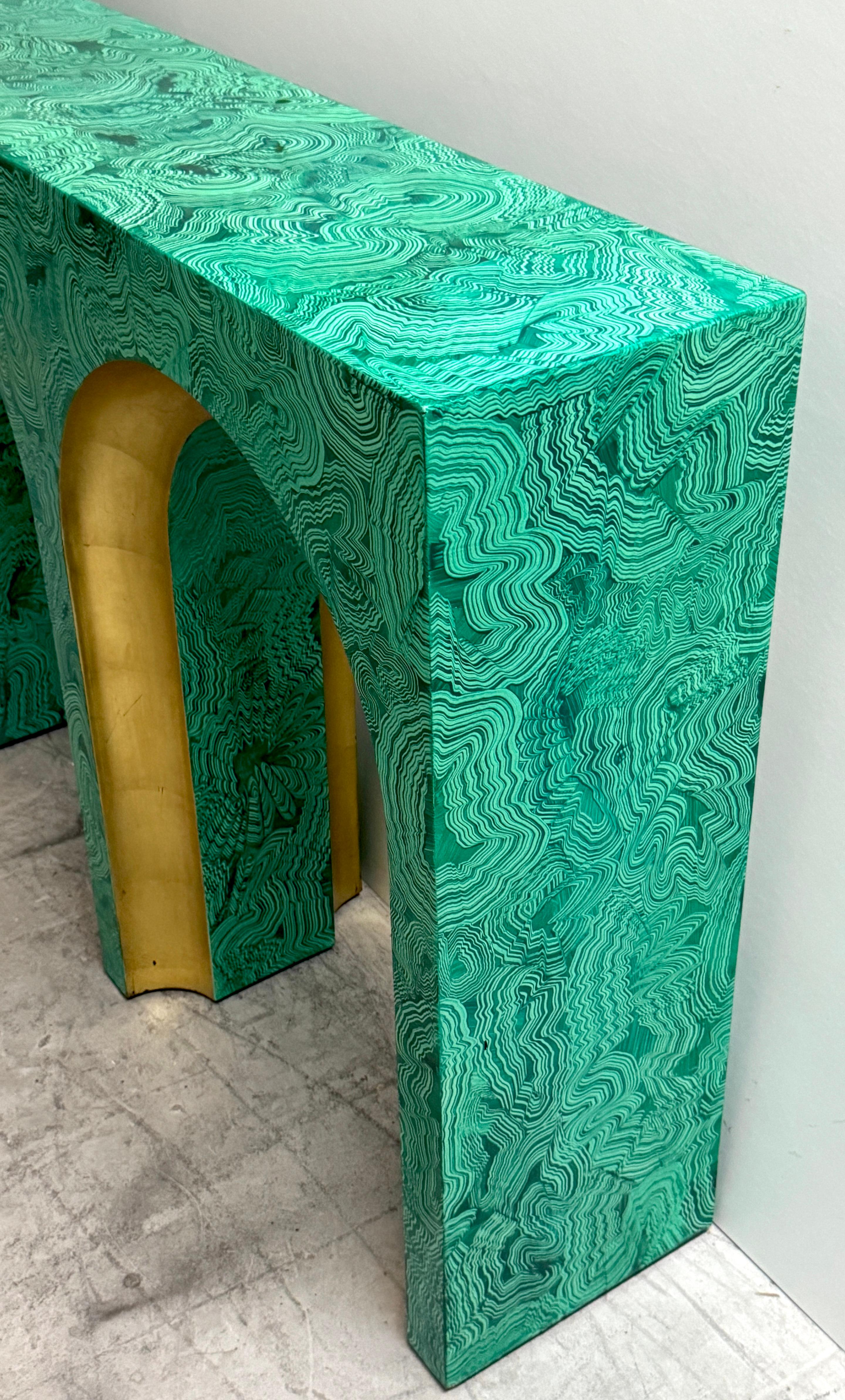 Faux Malachite and Gilt Arch Console Table in the Style of Tony Duquette In Good Condition For Sale In West Palm Beach, FL