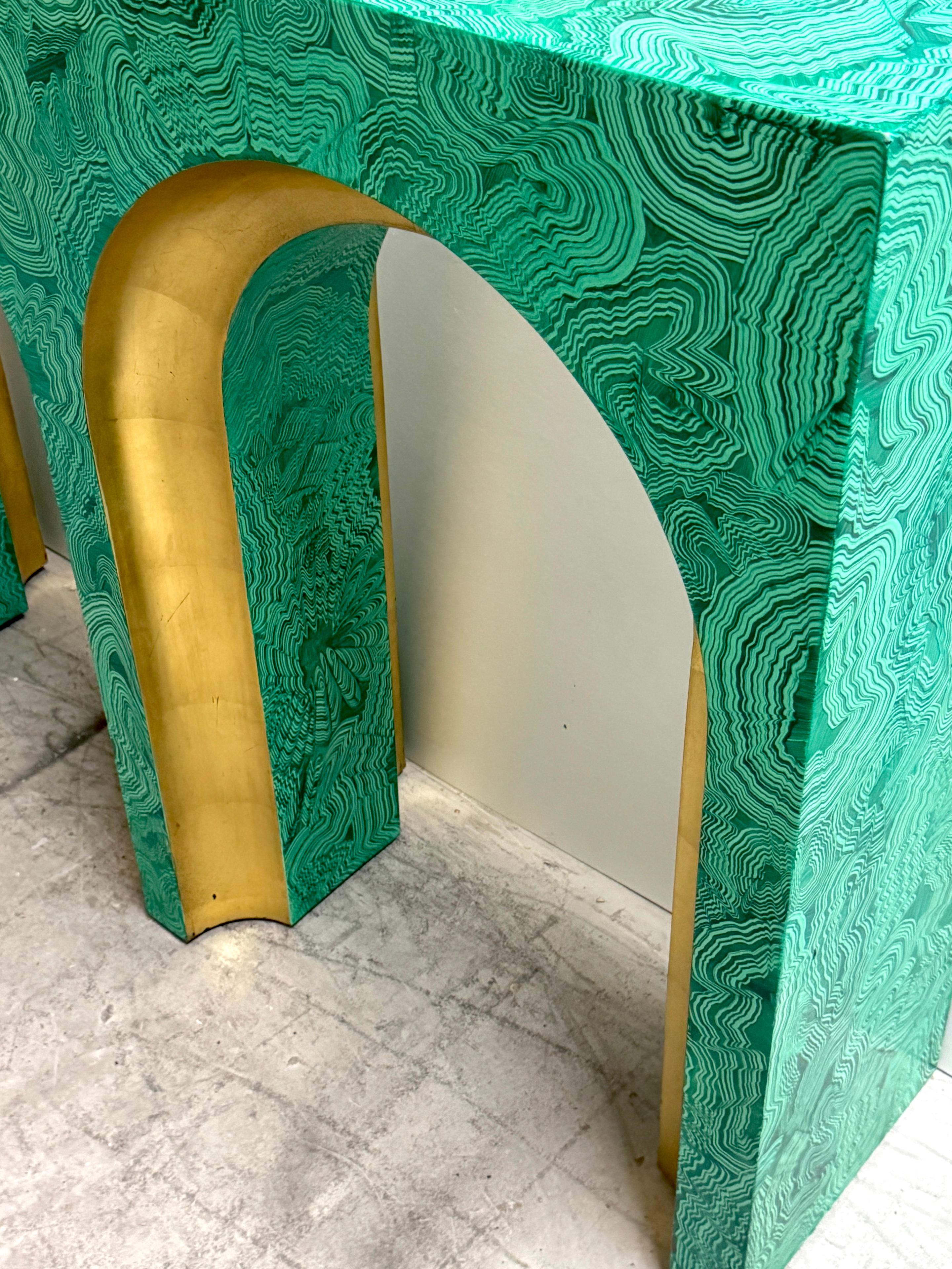 Wood Faux Malachite and Gilt Arch Console Table in the Style of Tony Duquette For Sale