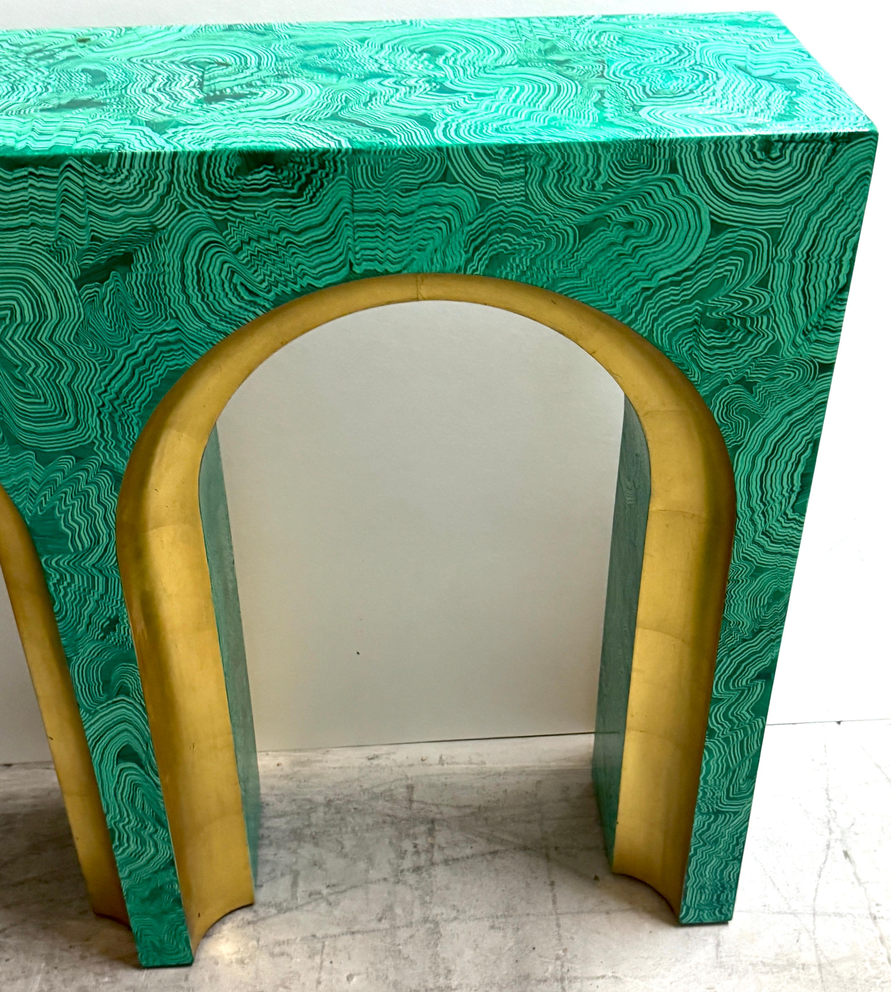 Faux Malachite and Gilt Arch Console Table in the Style of Tony Duquette For Sale 1