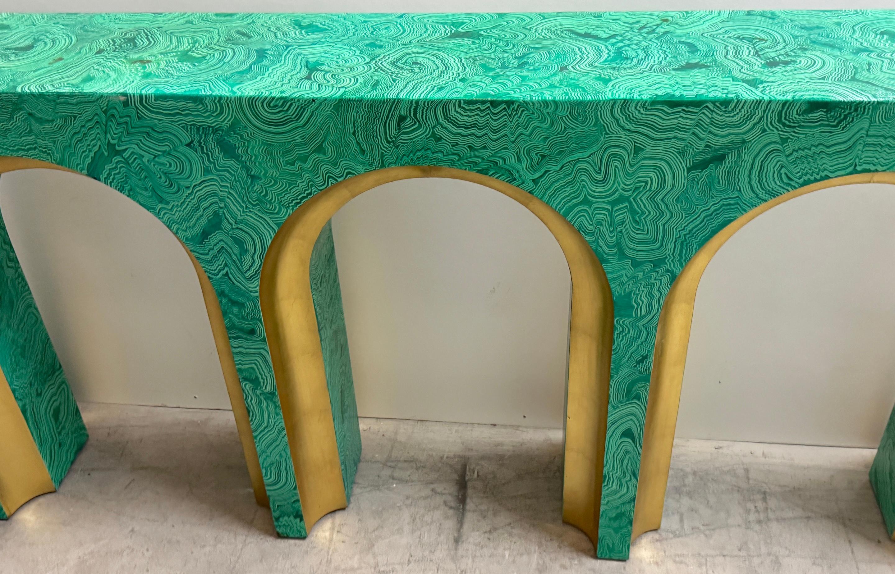 Faux Malachite and Gilt Arch Console Table in the Style of Tony Duquette For Sale 2
