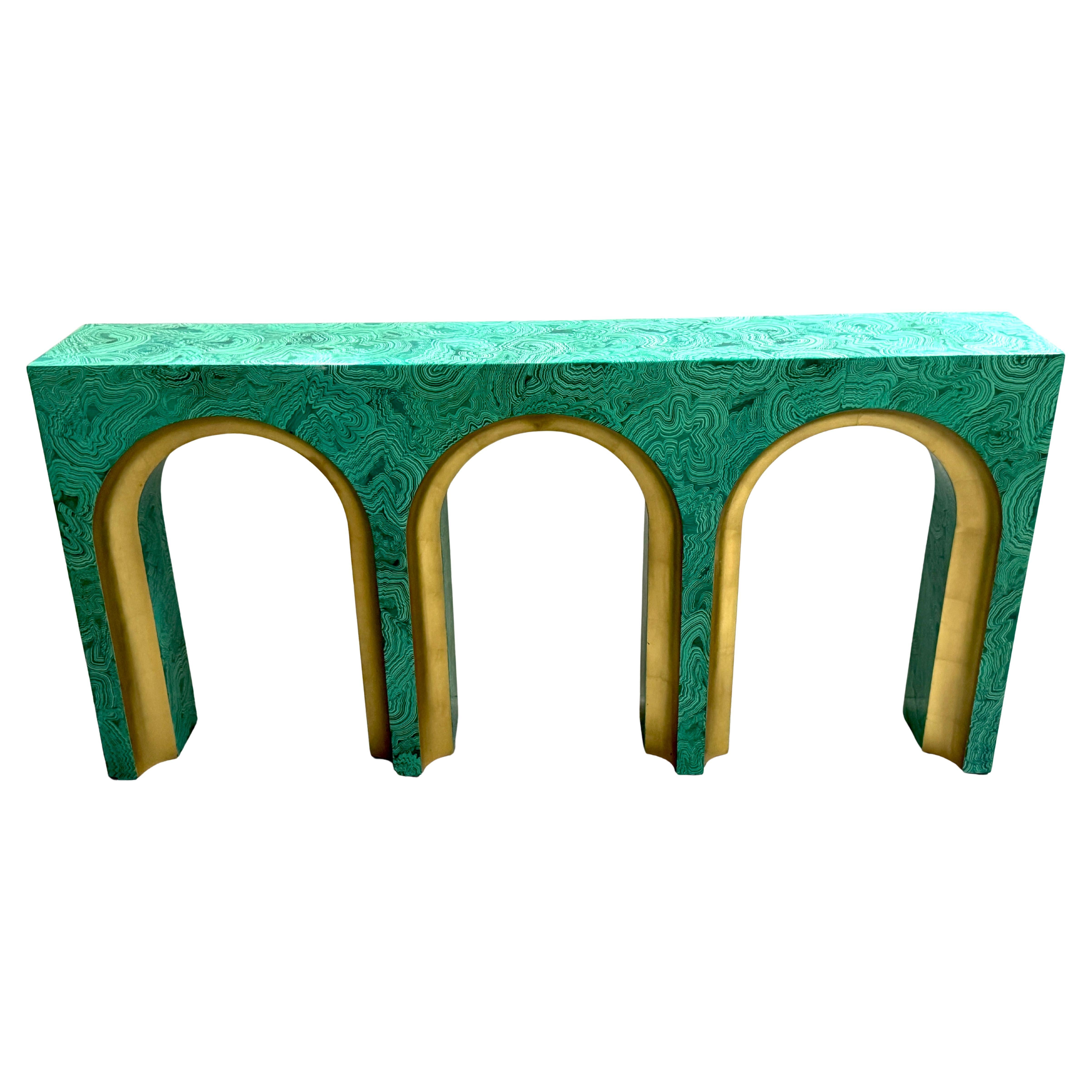 Faux Malachite and Gilt Arch Console Table in the Style of Tony Duquette For Sale