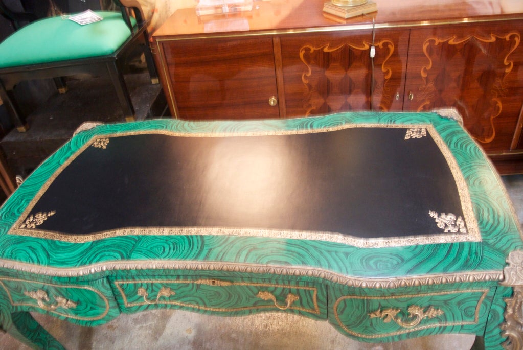 Faux Malachite Bronze French Desk For Sale 3