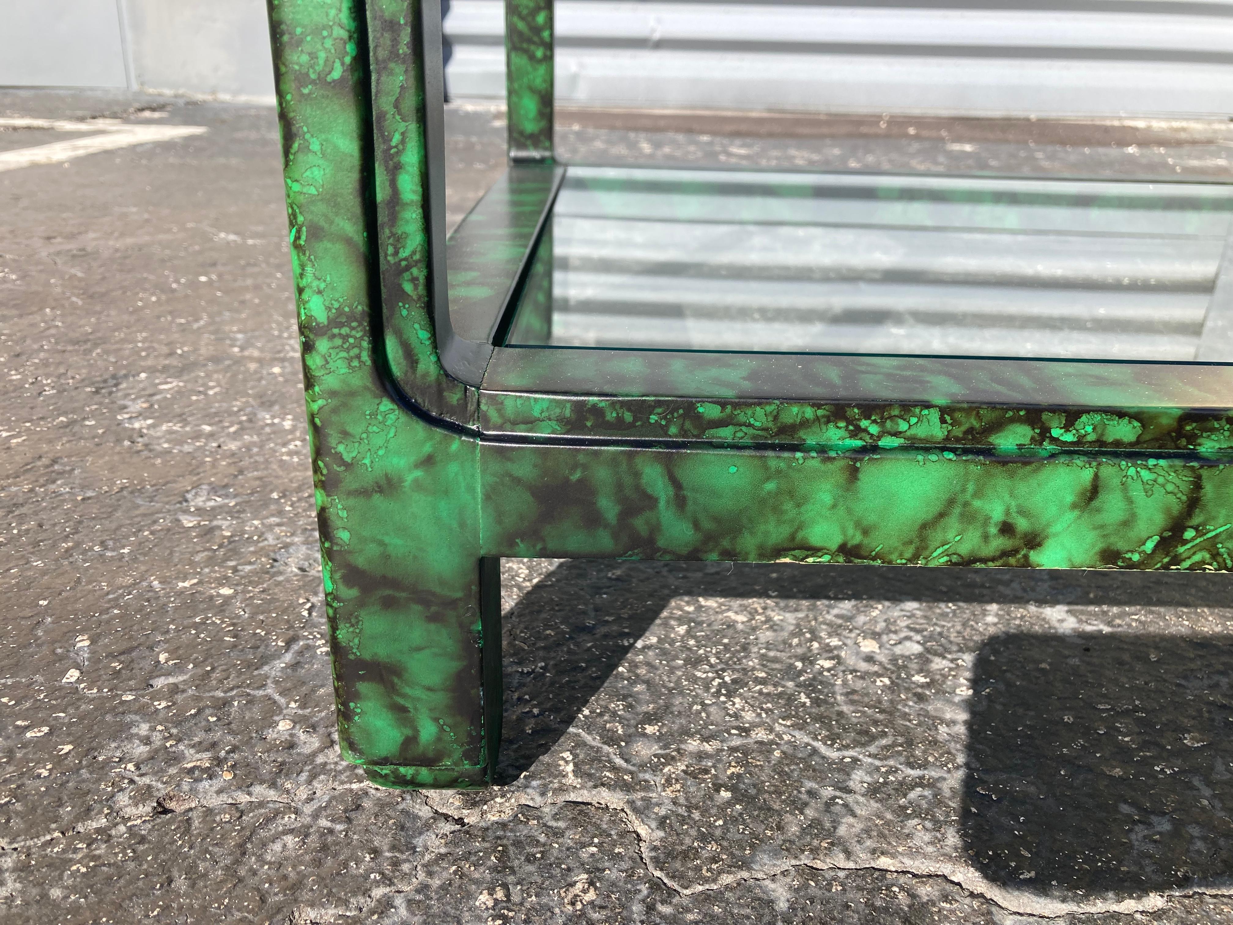Glass Faux Malachite Console Table, Hollywood Regency, Ming Style For Sale