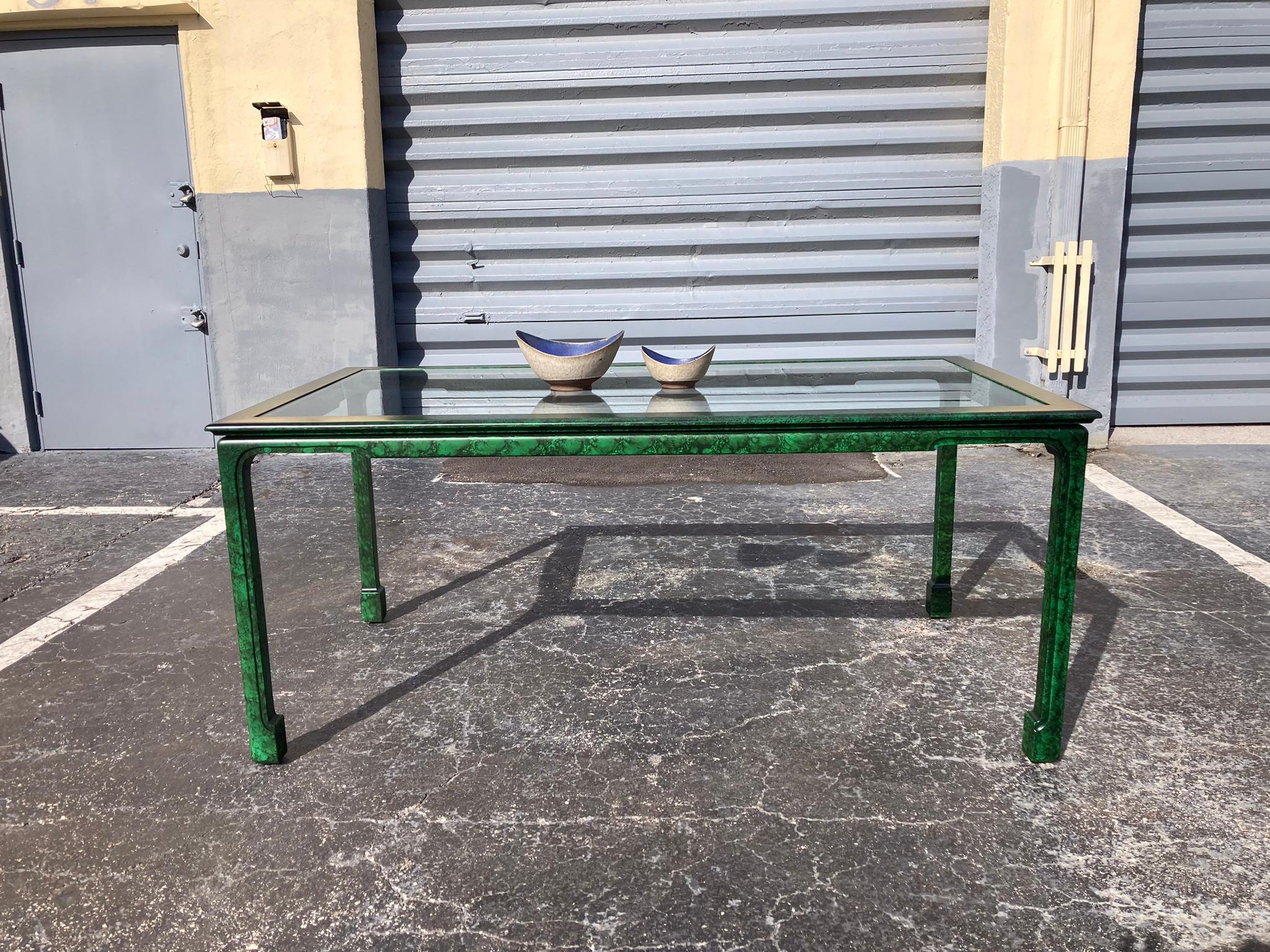 Faux Malachite Dining Table or Desk with Glass Top, USA 1970s. Glass top is new. We have a matching console table and two side chairs.