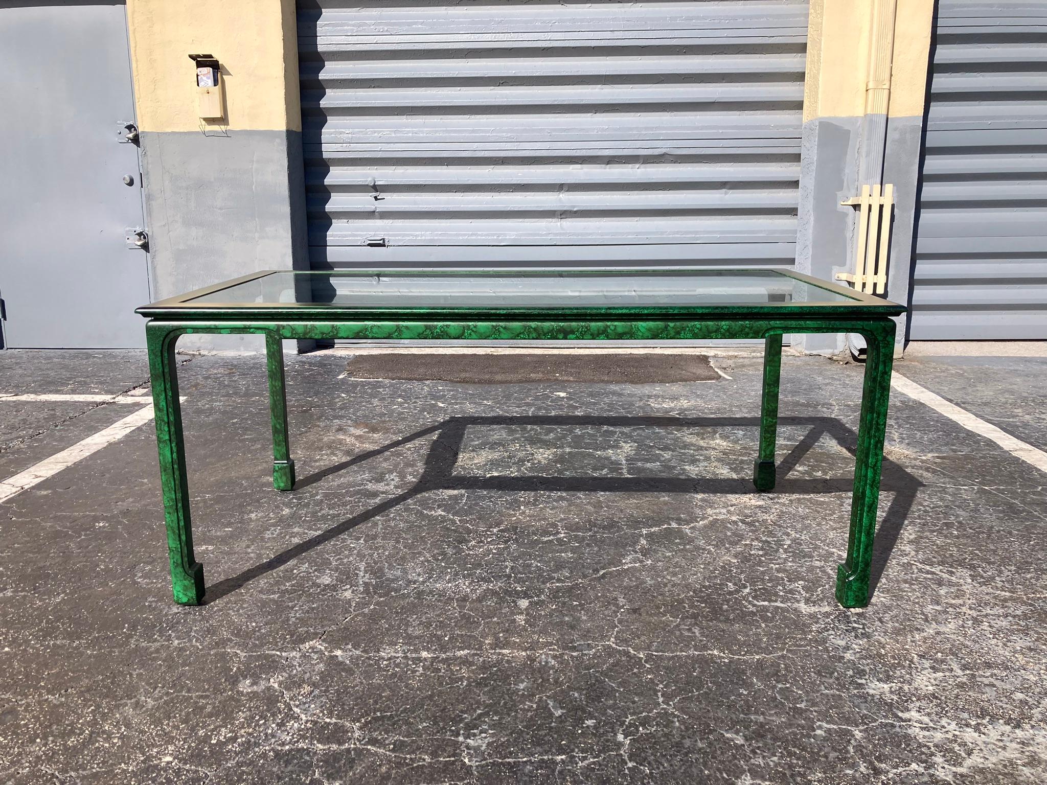 Mid-Century Modern Faux Malachite Dining Table with Glass Top, Desk, Hollywood Regency, Ming Style  For Sale