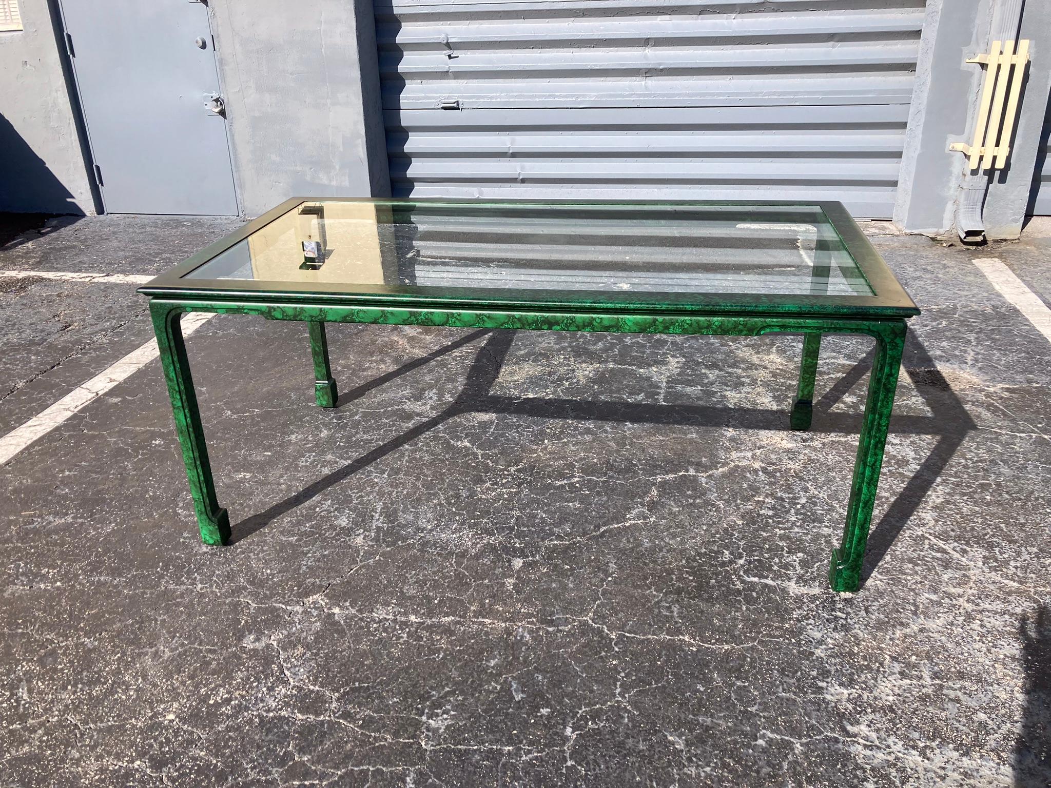 American Faux Malachite Dining Table with Glass Top, Desk, Hollywood Regency, Ming Style  For Sale