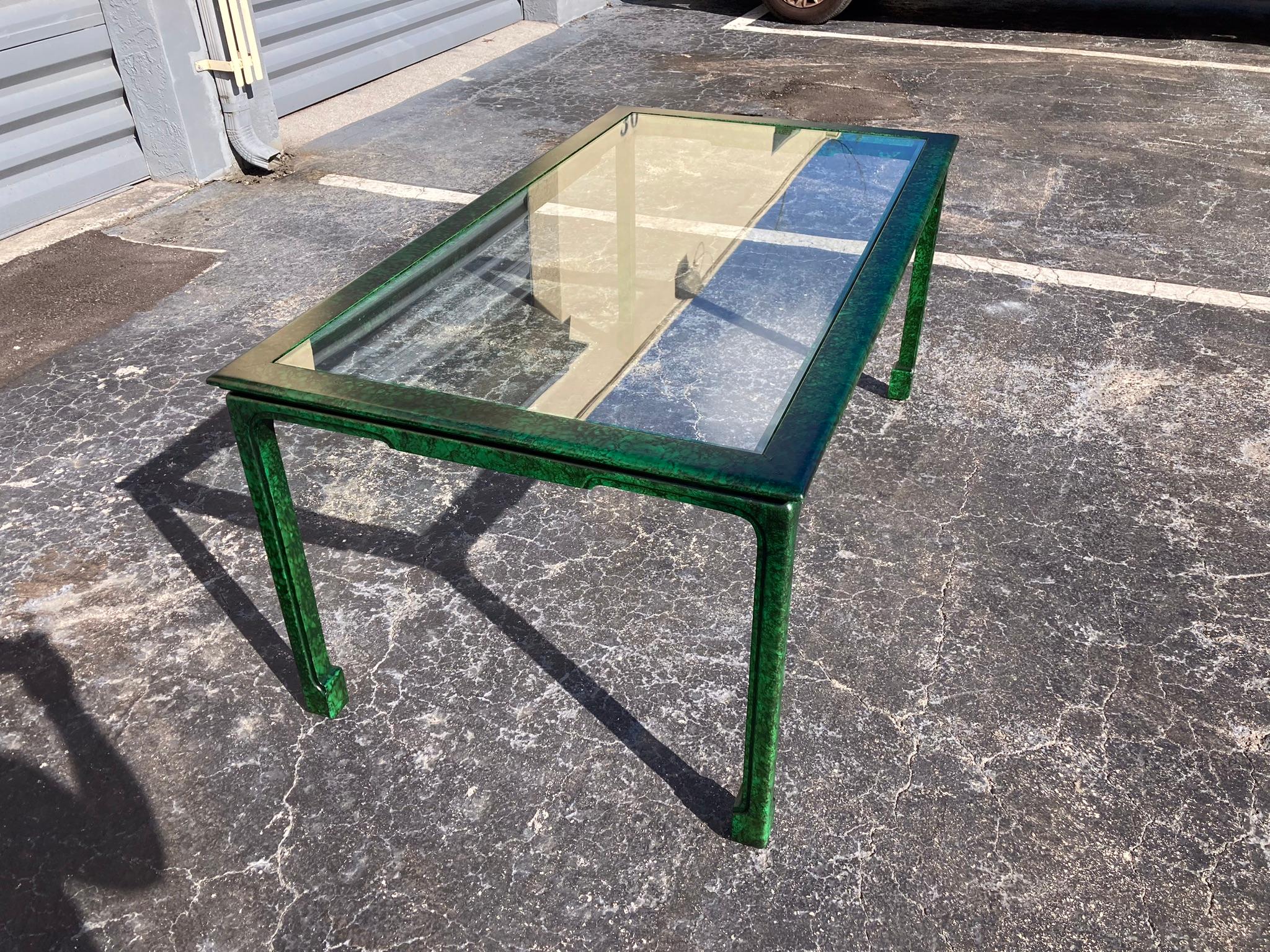 Late 20th Century Faux Malachite Dining Table with Glass Top, Desk, Hollywood Regency, Ming Style  For Sale