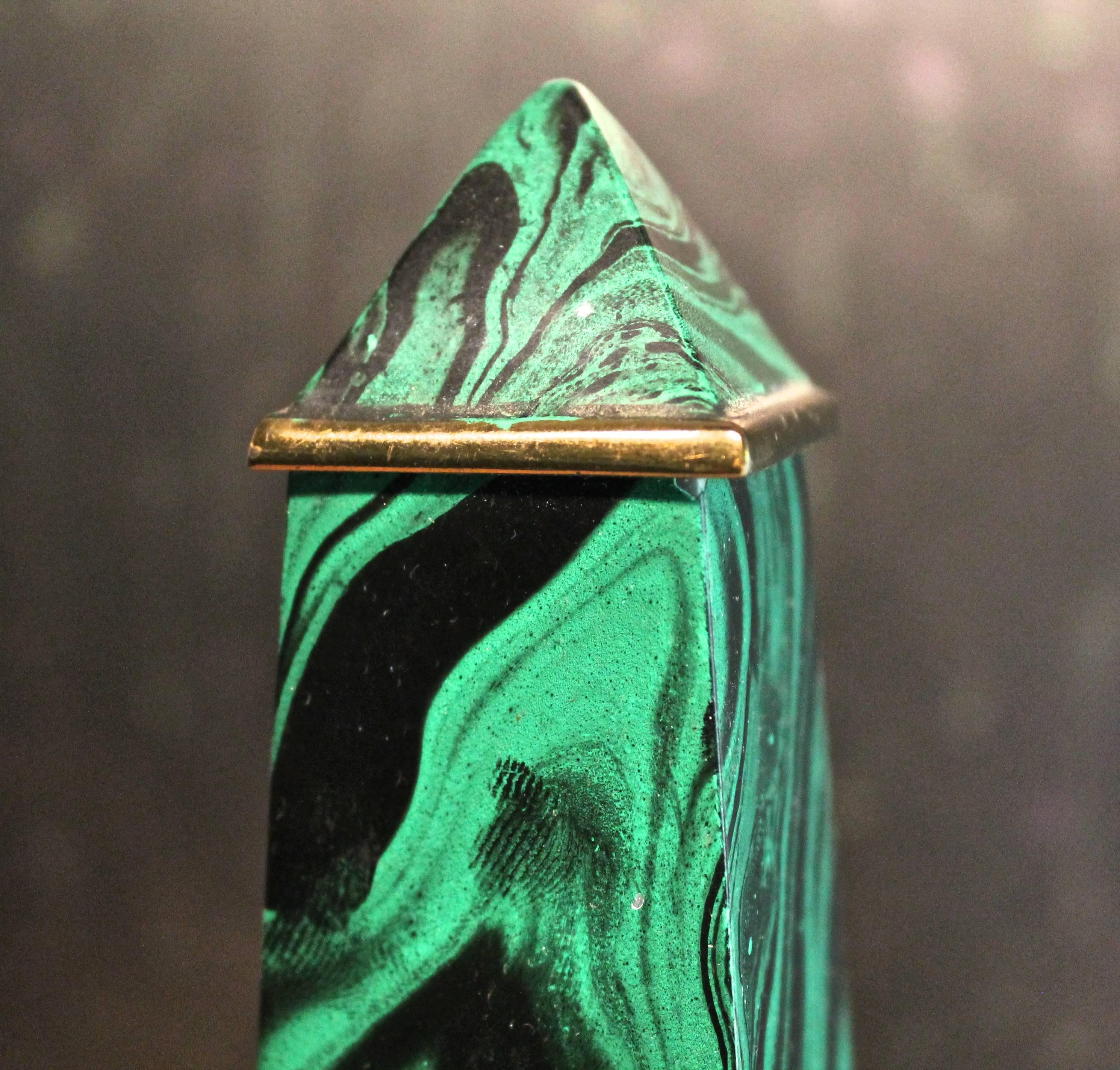 American Faux Malachite Obelisk with Brass Detailing