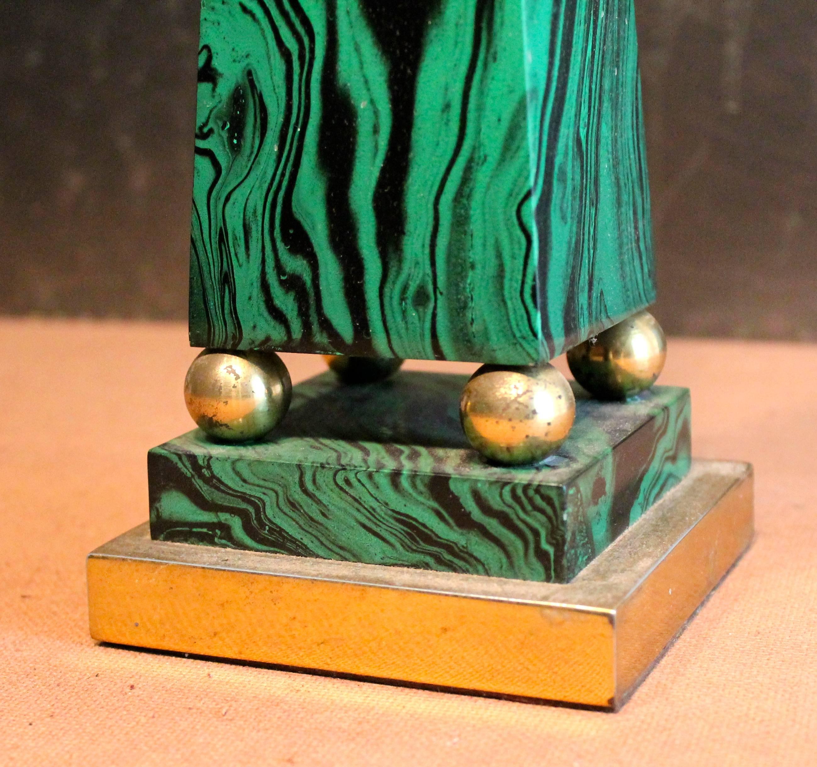 Hand-Painted Faux Malachite Obelisk with Brass Detailing