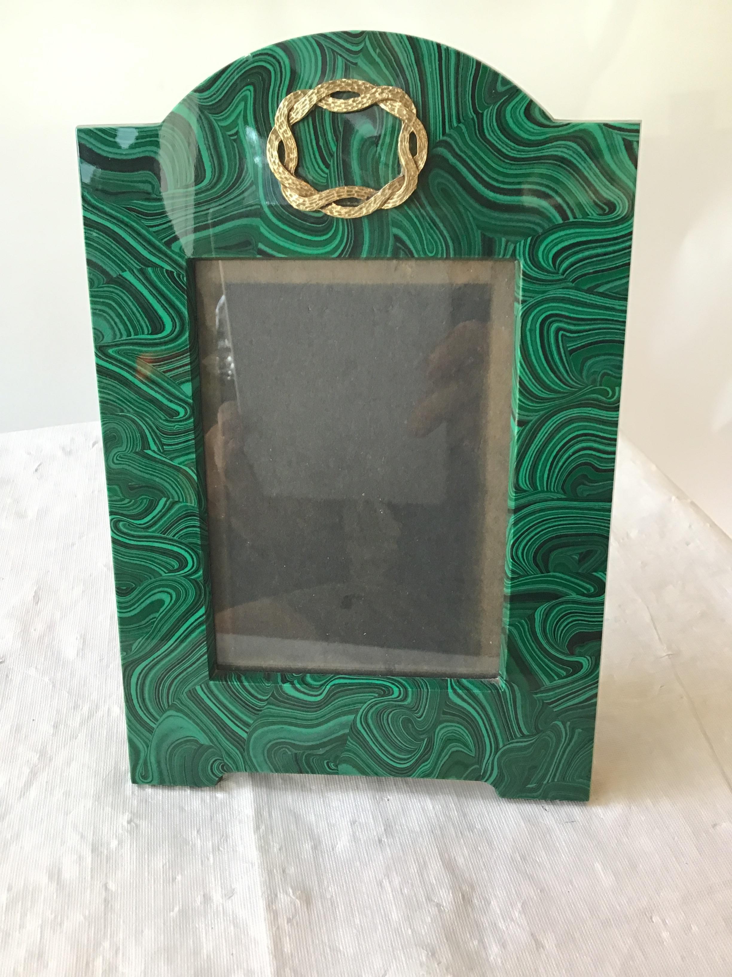 Faux Malachite picture frame made from resin. High quality, screw on back. Brass ornamentation.
