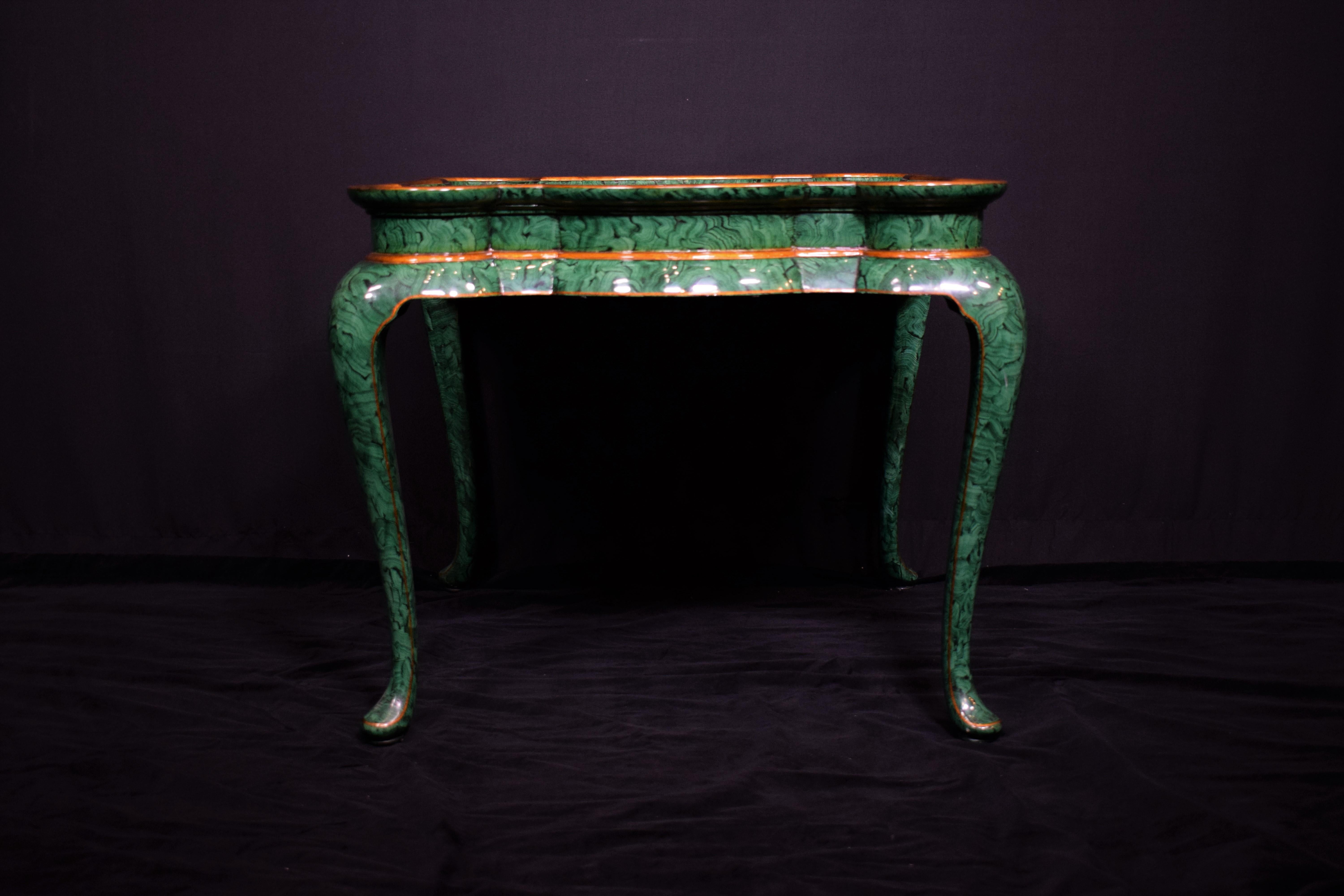 A highly decorative faux Malachite Queen Anne table.
Dimensions: Height 24