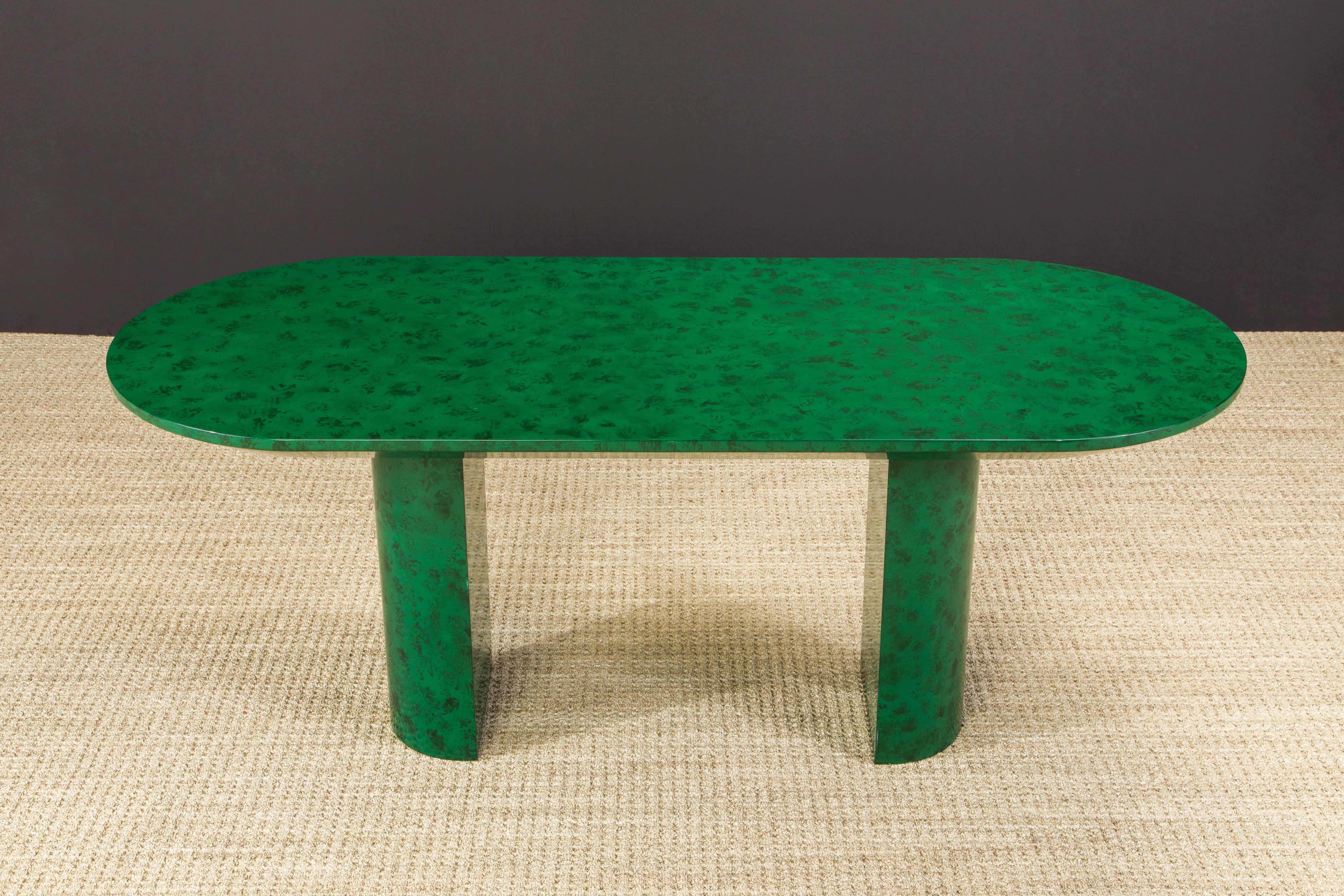 Post-Modern Faux Malachite Racetrack Dining Table, Work Table or Large Console Table, c 1980