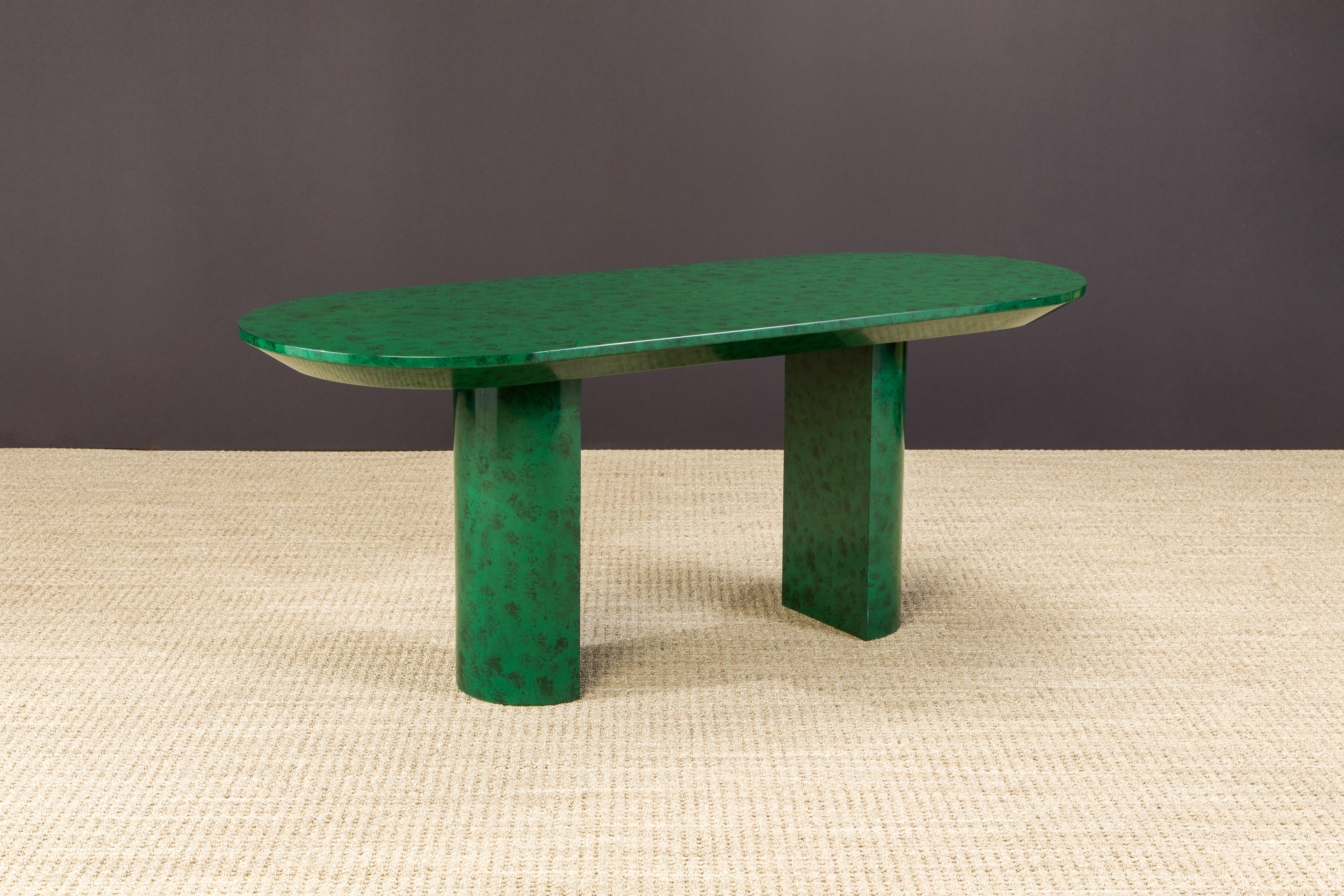 American Faux Malachite Racetrack Dining Table, Work Table or Large Console Table, c 1980