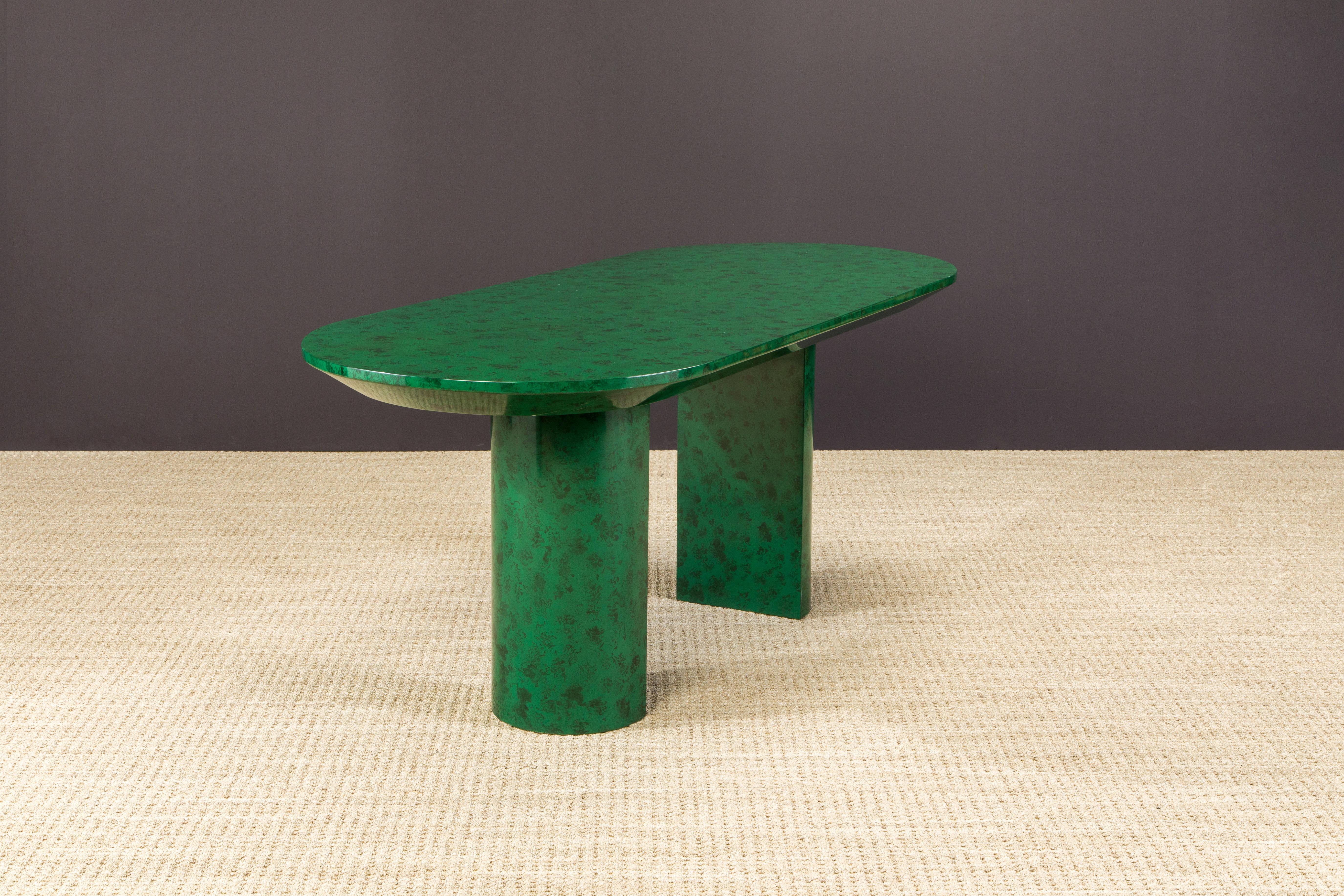 Faux Malachite Racetrack Dining Table, Work Table or Large Console Table, c 1980 In Good Condition In Los Angeles, CA