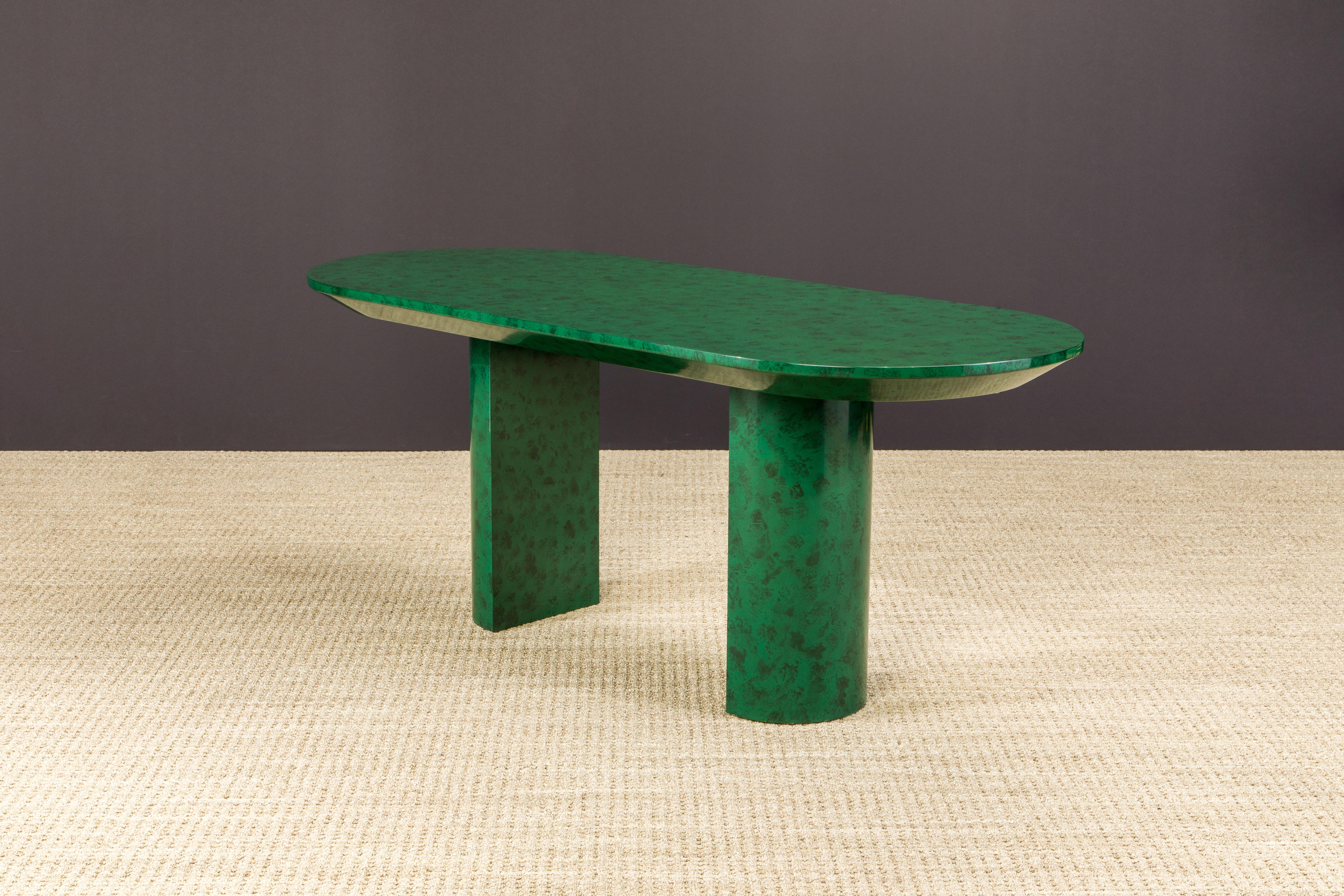 Wood Faux Malachite Racetrack Dining Table, Work Table or Large Console Table, c 1980