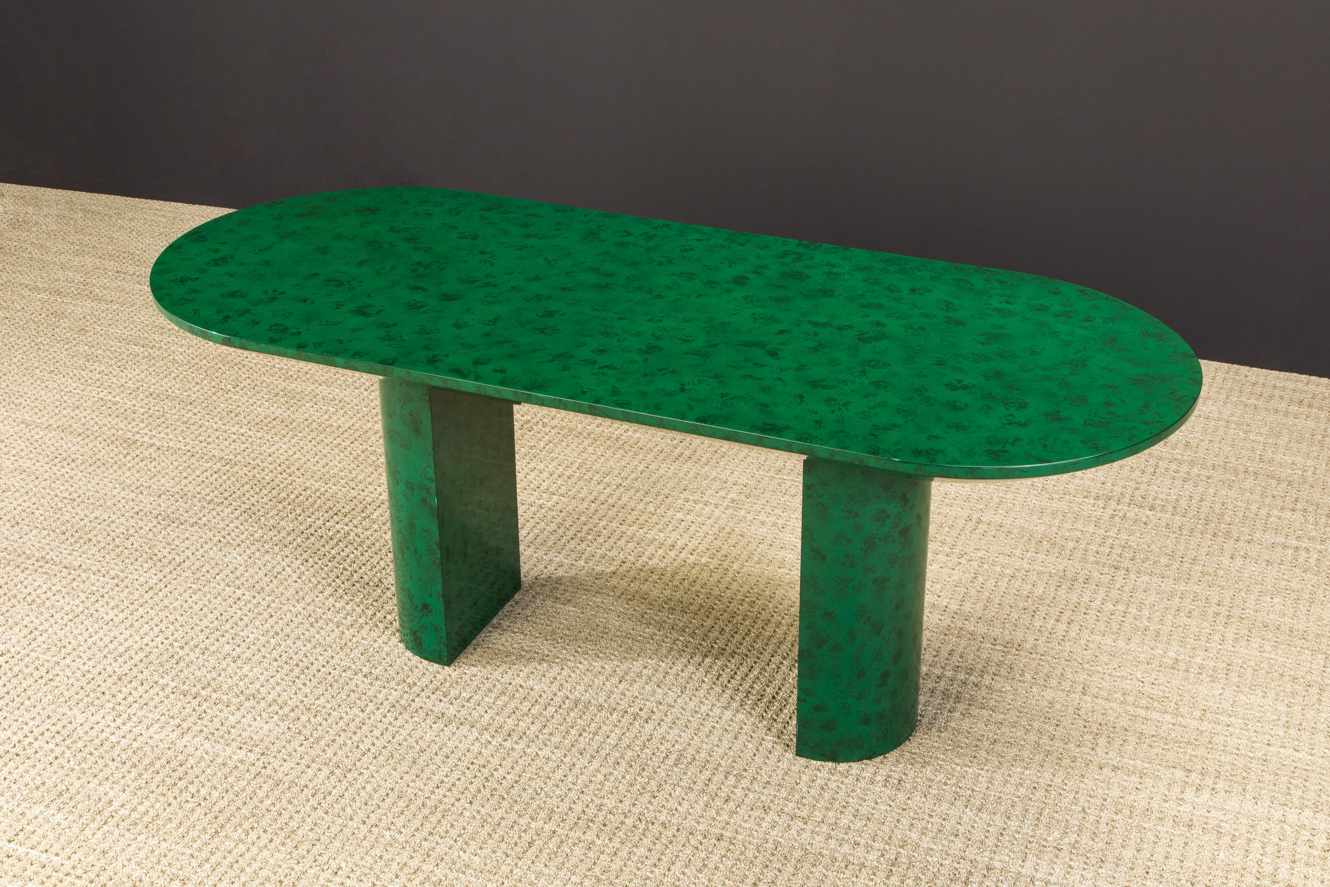 Faux Malachite Racetrack Dining Table, Work Table or Large Console Table, c 1980 1