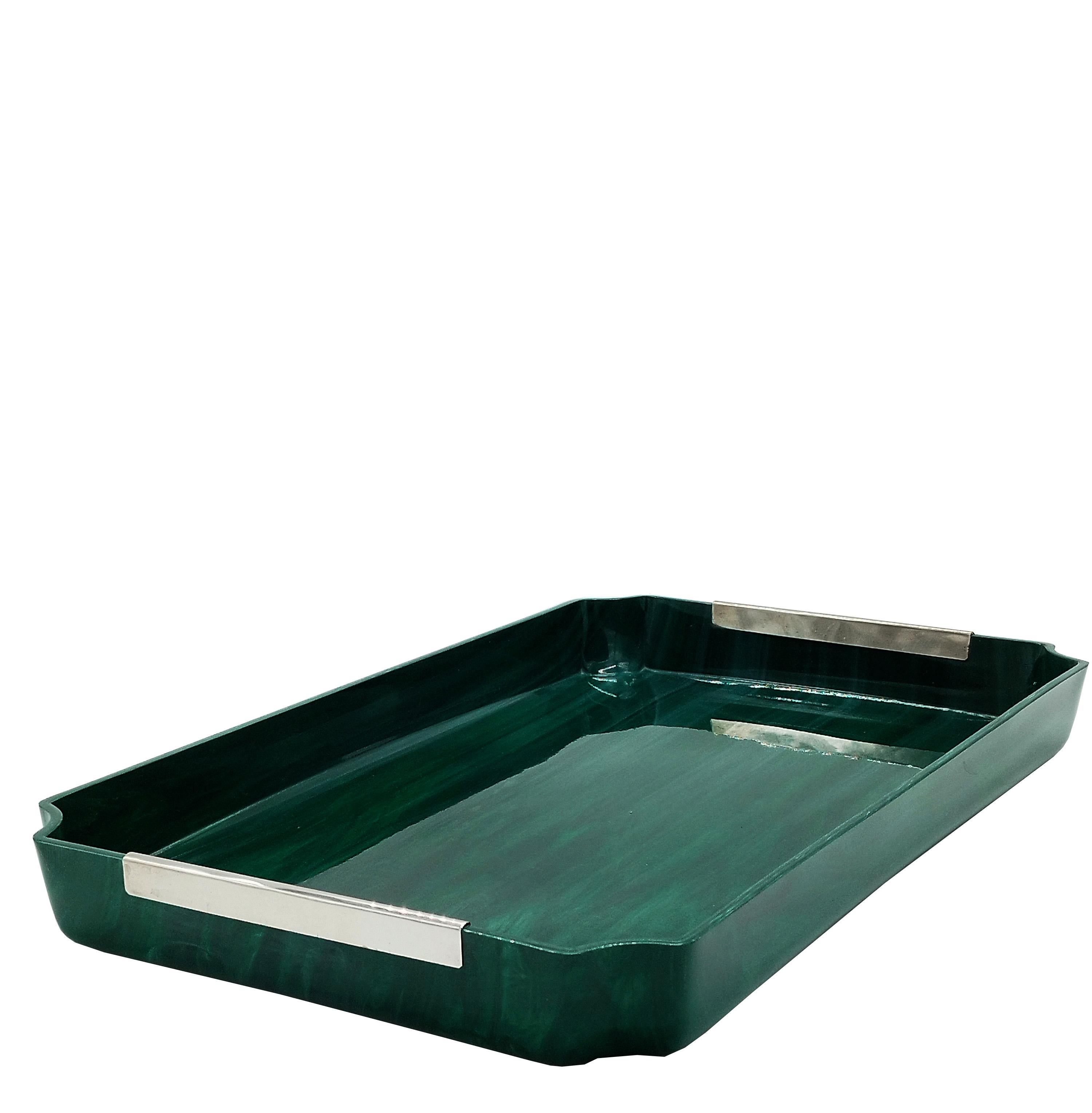 Rectangular serving tray in faux malachite acrylic and chrome-plated metal, Italian production 1970.