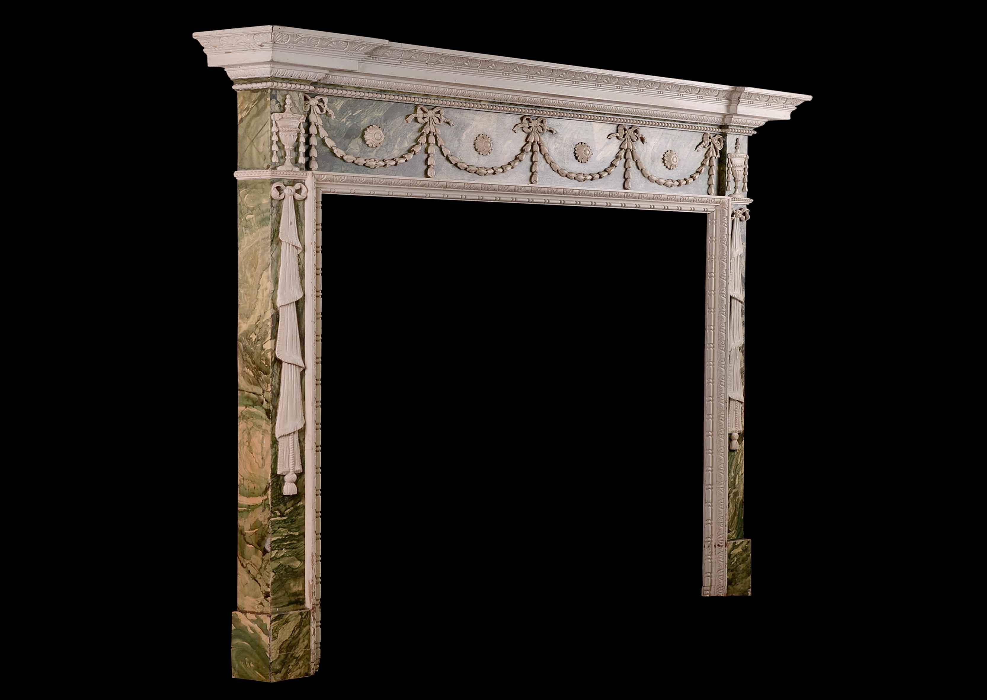 Anglais Cheminée en bois de style Adam en faux marbre avec inscriptions en gesso en vente