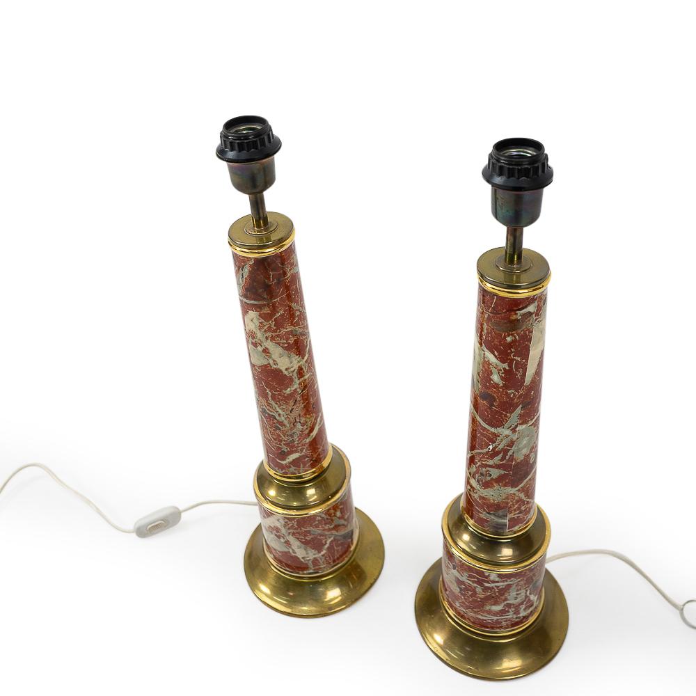 Mid-Century Modern Faux Marble and Brass Table Lamps by Tommaso Barbi, 1970s, Italy, Set of 2