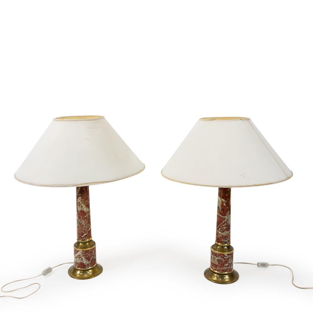 Faux Marble and Brass Table Lamps by Tommaso Barbi, 1970s, Italy, Set of 2 In Distressed Condition In Renens, CH