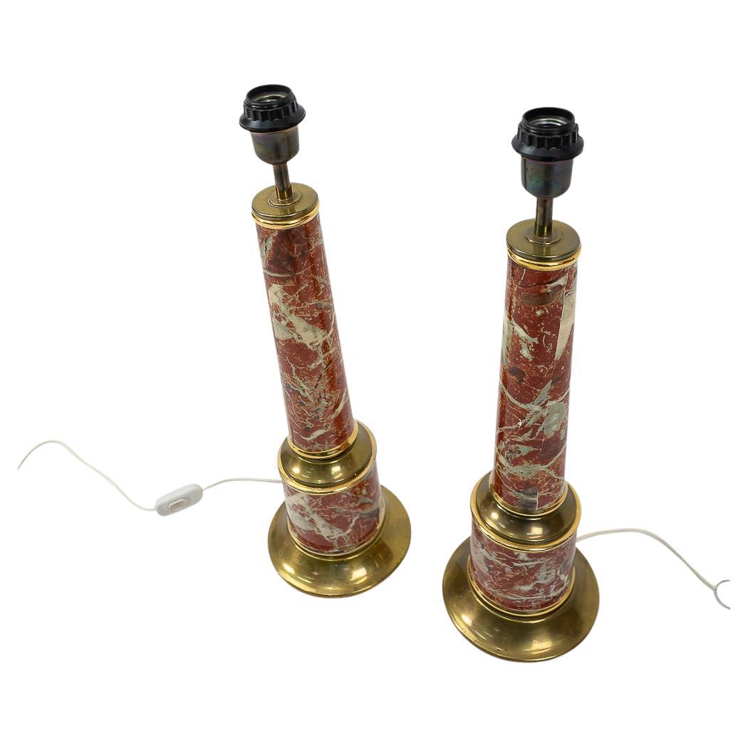 Faux Marble and Brass Table Lamps by Tommaso Barbi, 1970s, Italy, Set of 2