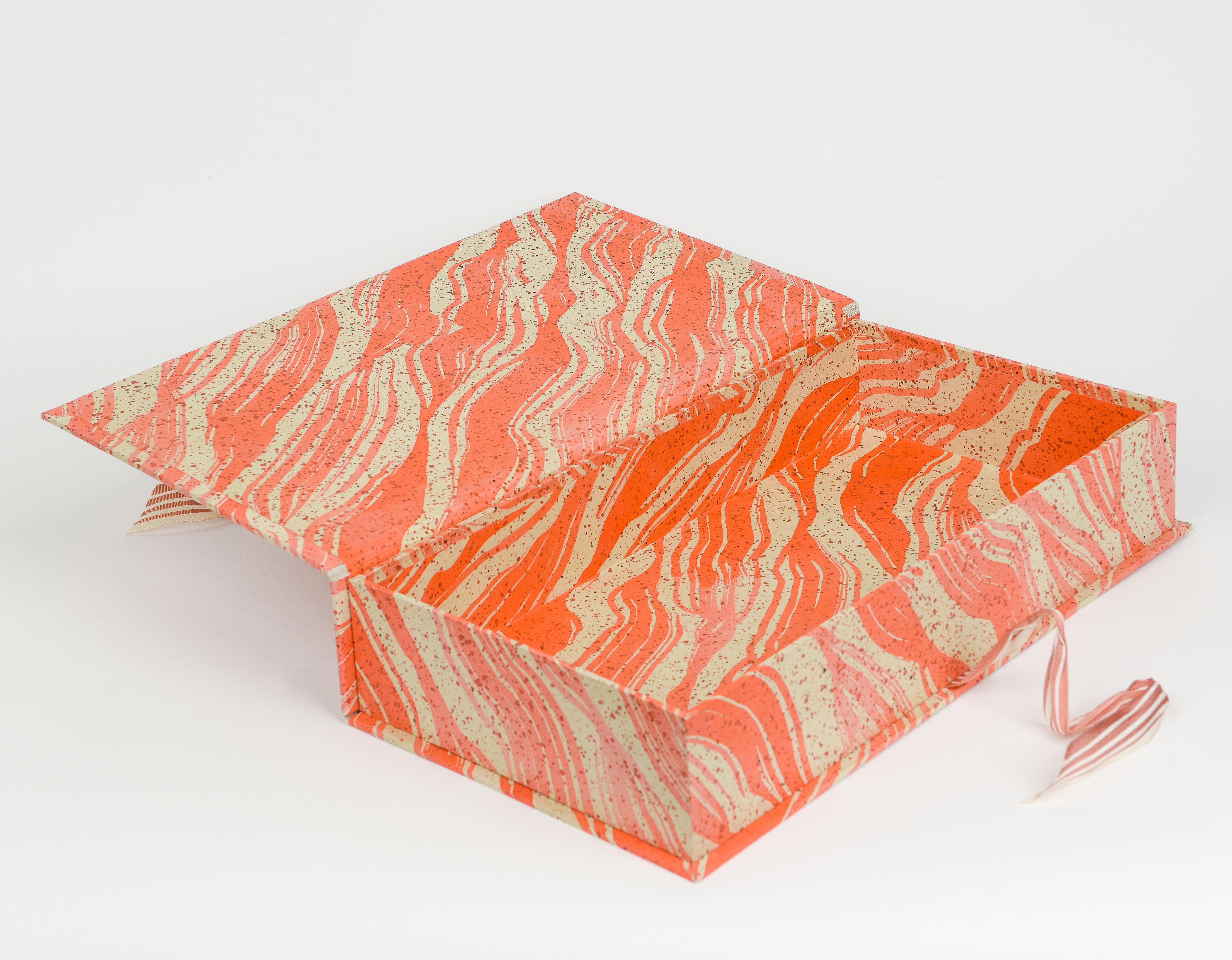 Paint Faux Marble and Scarlet Ribbon Stripes Slender Document Box For Sale