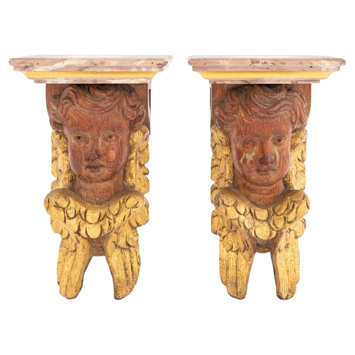 Faux Marble Carved Giltwood Cherub Wall Shelves, 2