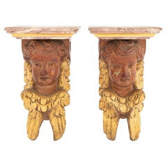 Faux Marble Carved Giltwood Cherub Wall Shelves, 2