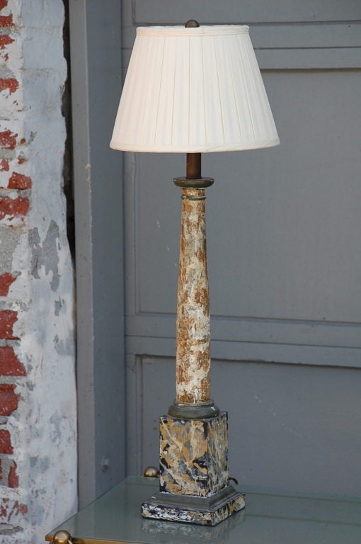 French Faux Marble Column Lamp with Custom Pleated Shade For Sale