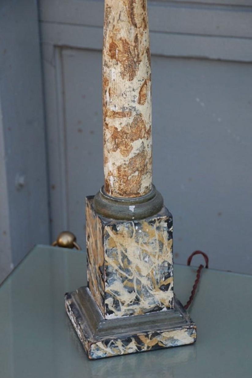French Faux Marble Column Lamp with Custom Pleated Shade For Sale