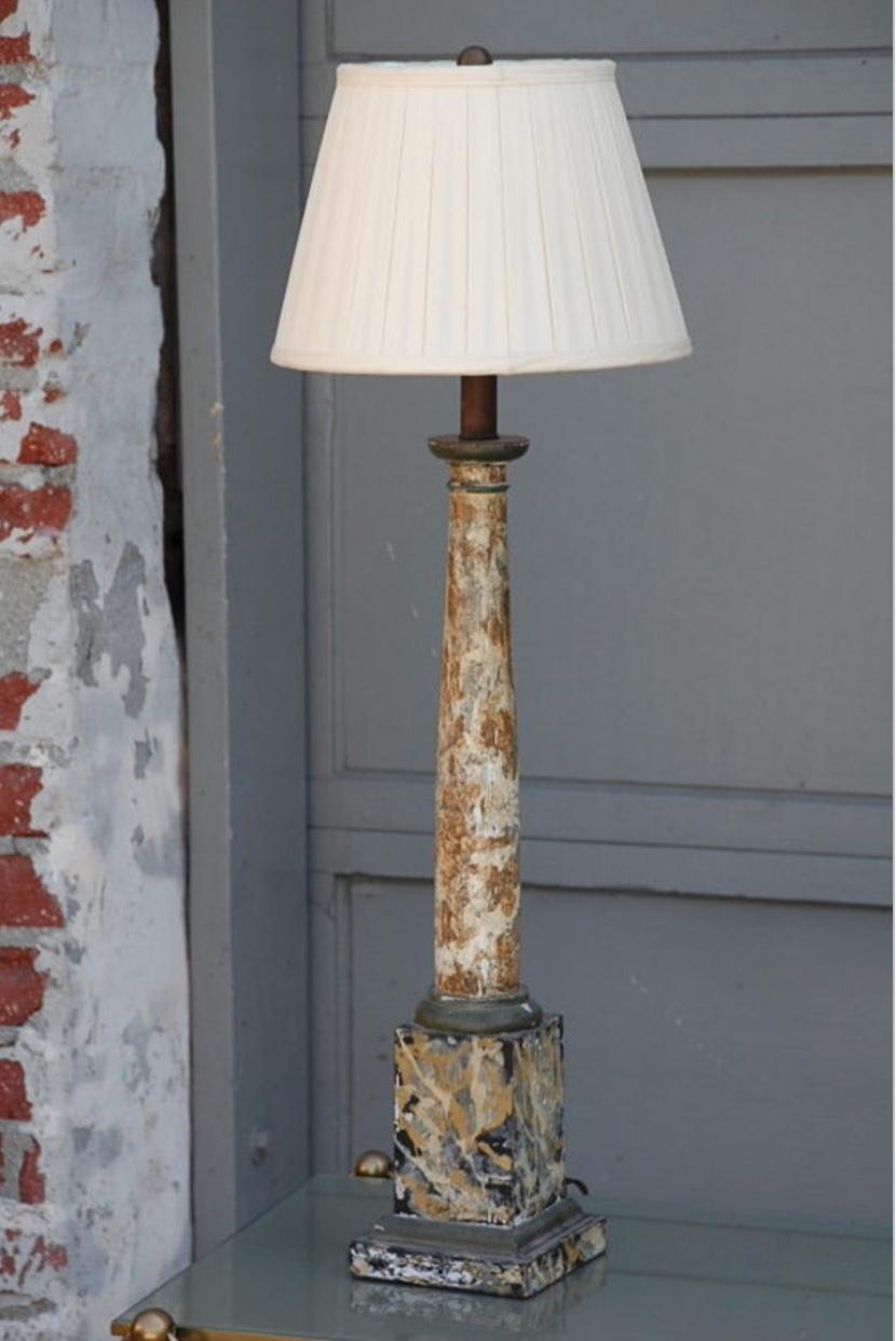 Faux Marble Column Lamp with Custom Pleated Shade In Excellent Condition For Sale In Los Angeles, CA