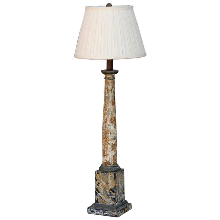 Faux Marble Column Lamp with Custom Pleated Shade For Sale