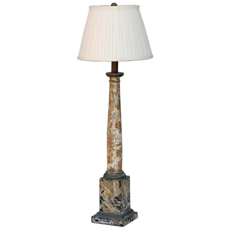Faux Marble Column Lamp with Custom-Pleated Shade For Sale