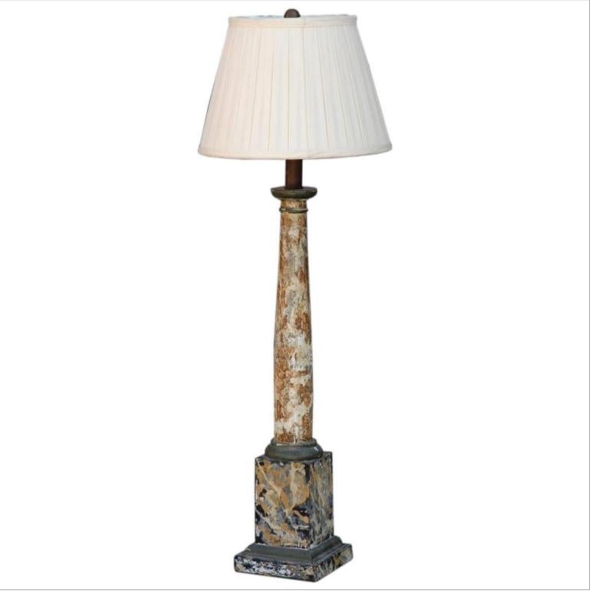 Faux Marble Column Lamp with Custom Pleated Shade For Sale