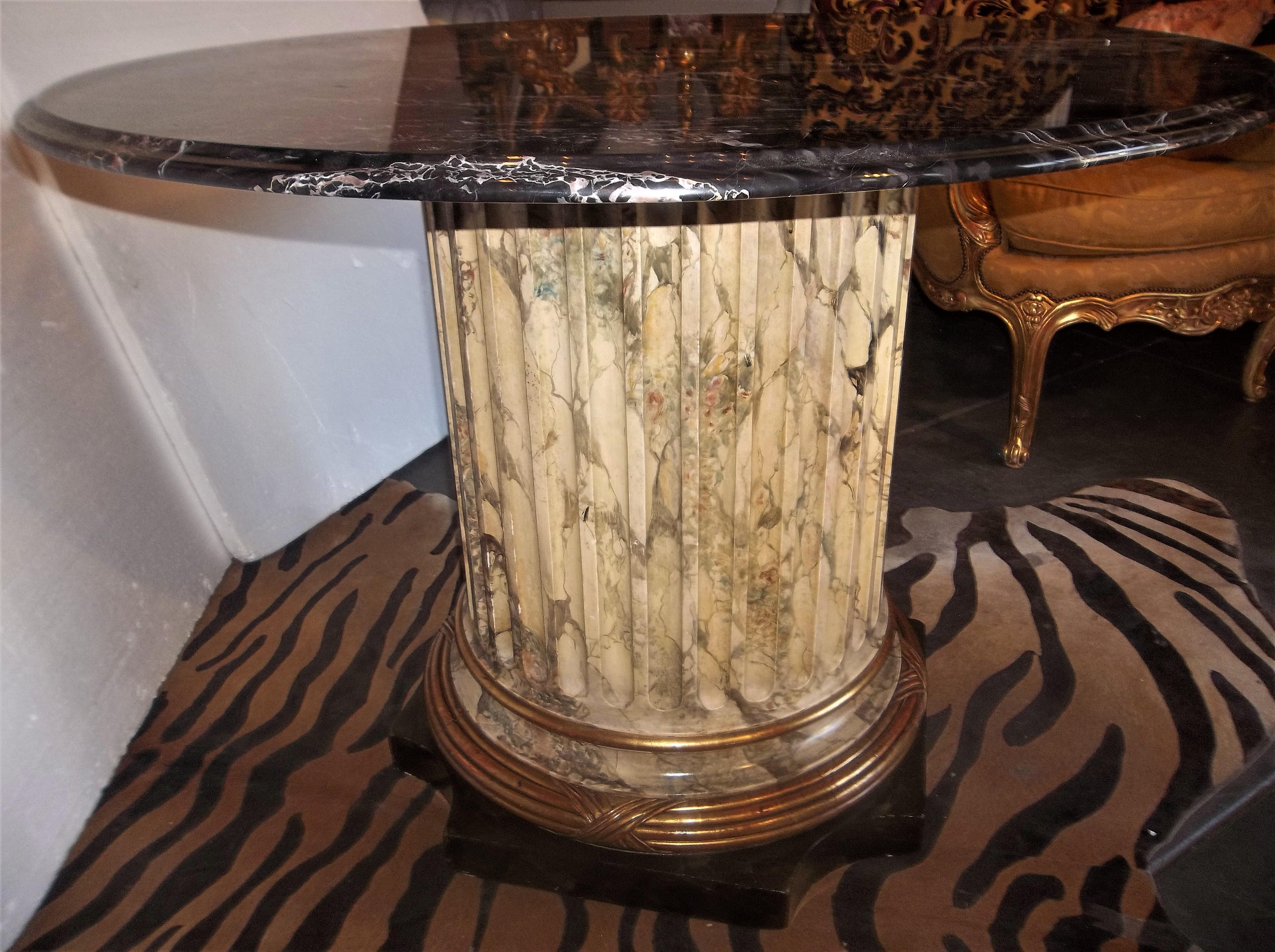 Faux Marble Fluted Center Table with Black and Gold Veined Marble Top 2