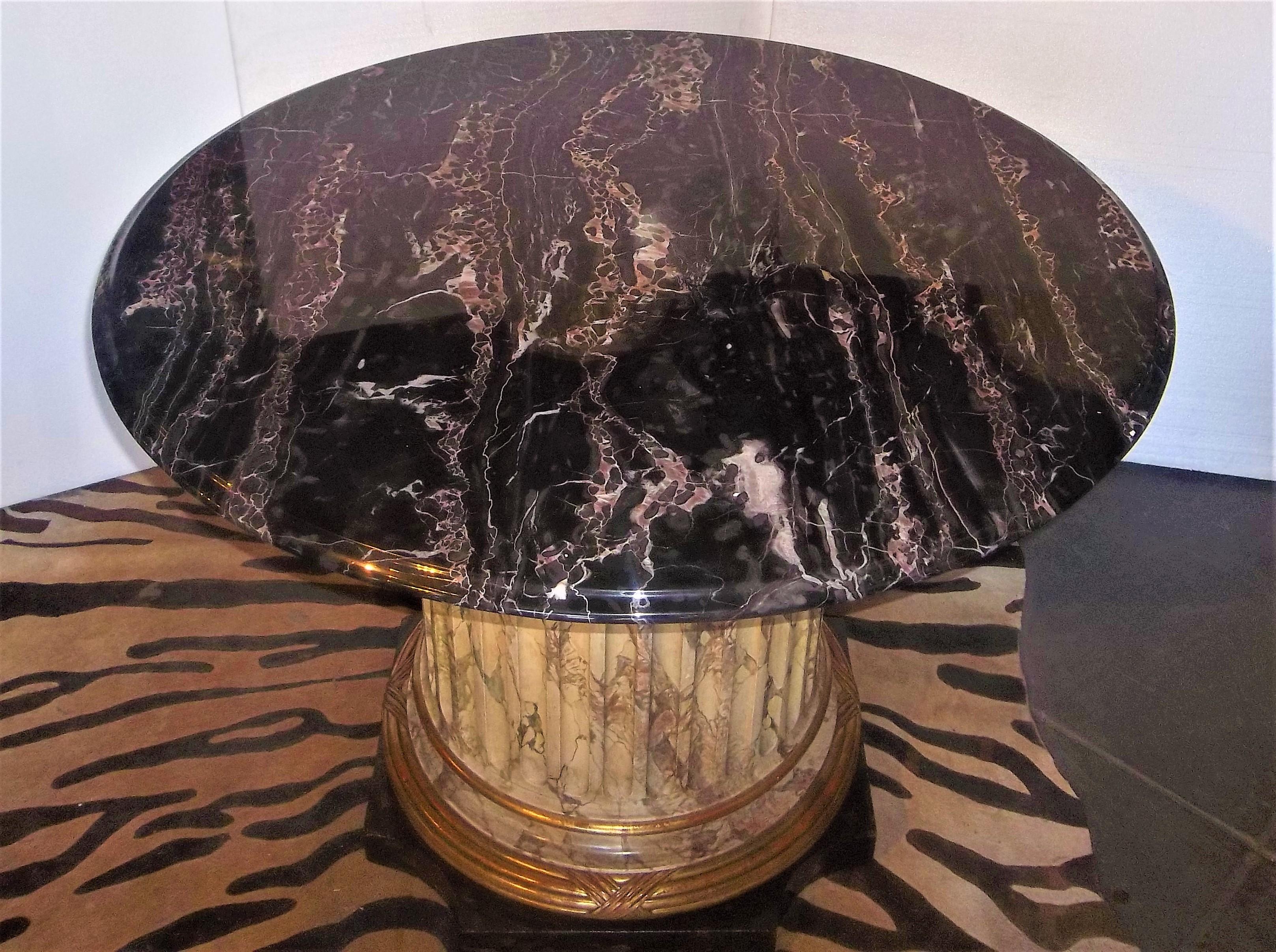 Neoclassical Faux Marble Fluted Center Table with Black and Gold Veined Marble Top