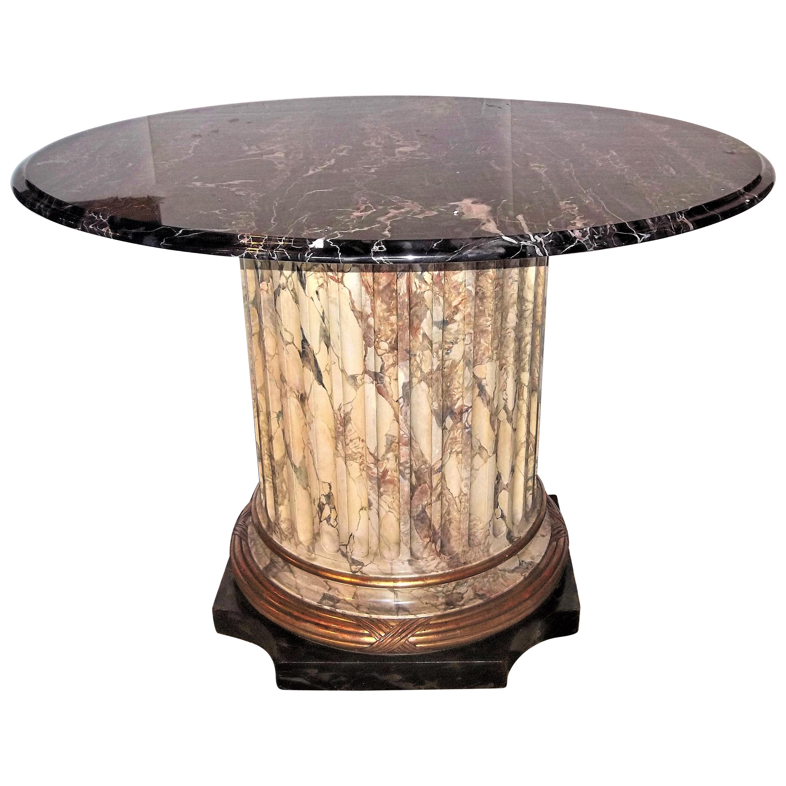 Faux Marble Fluted Center Table with Black and Gold Veined Marble Top