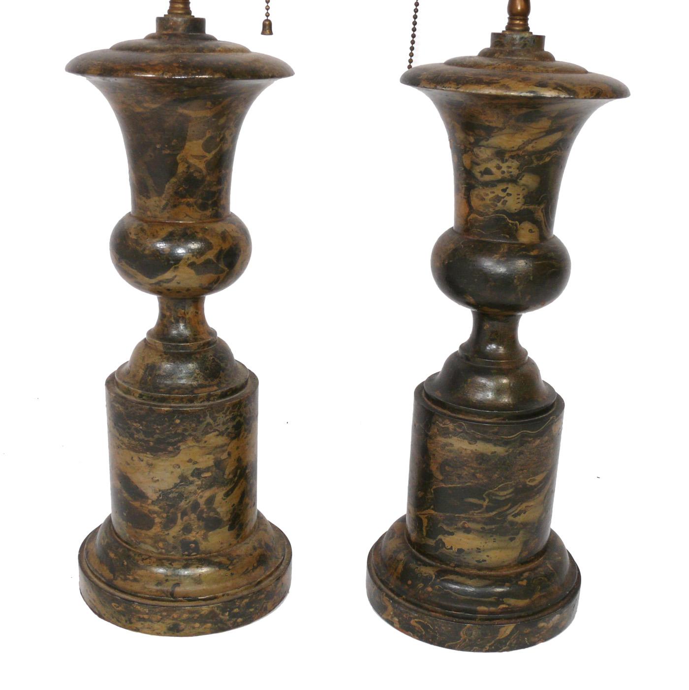 Faux marble hand painted wood urn lamps, American, circa 1940s. They have been rewired and are ready to use. The price and measurements noted include the shades.